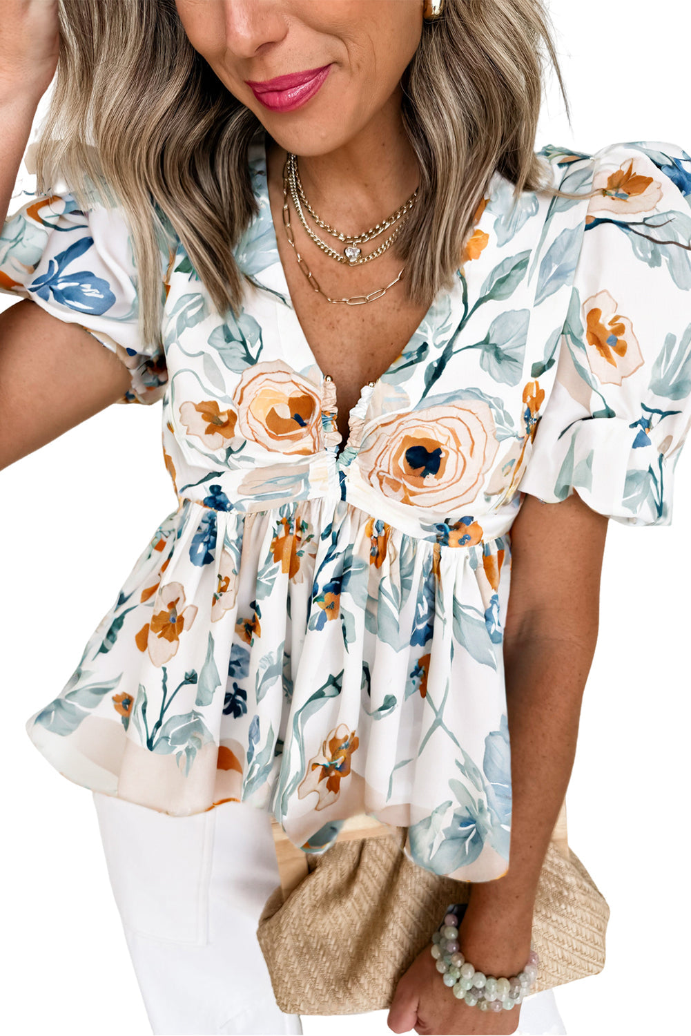 Green Floral Print Puff Sleeve V Neck Babydoll Blouse eAura