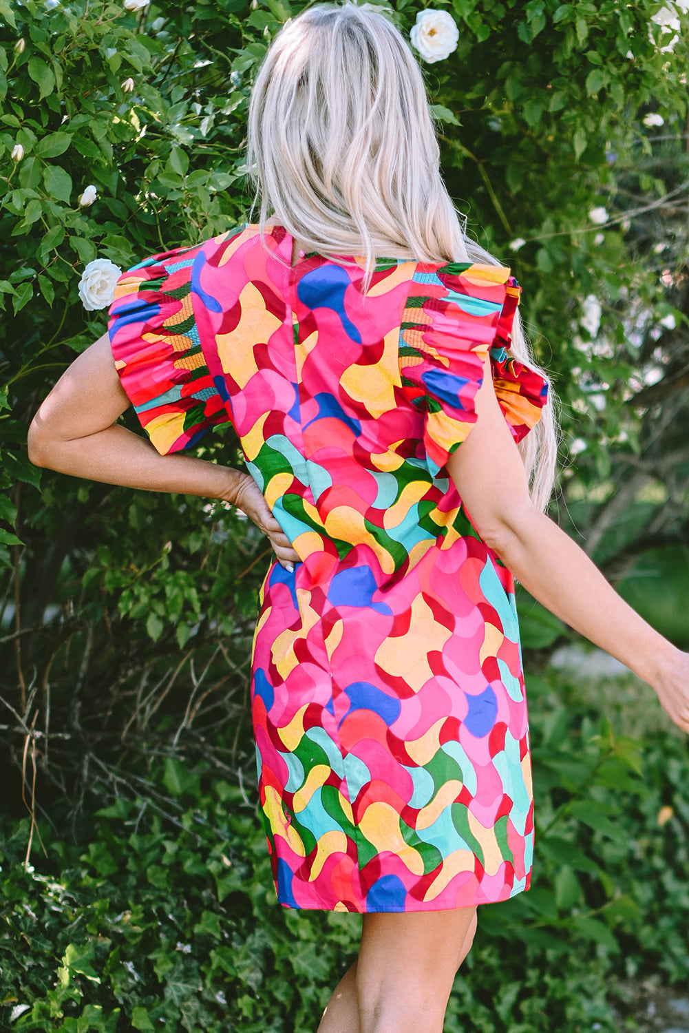 Rose Red Abstract Print Ruffle Sleeve Shift Dress eAura
