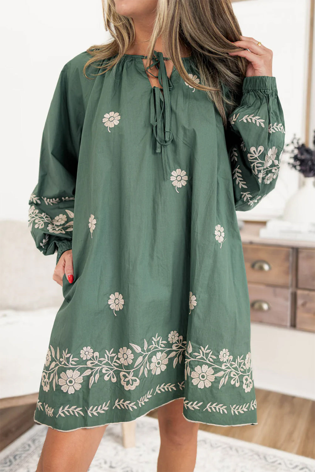 Mist Green Tie Neck Boho Floral Pattern Puff Sleeve Shift Dress eAura