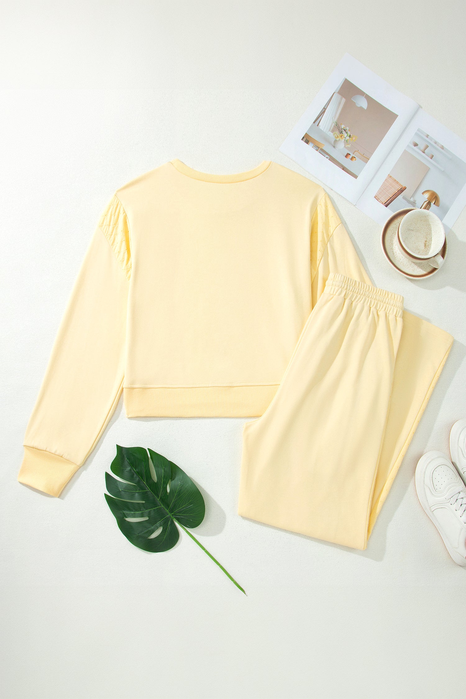 Eyelet Embroidered Lace Patchwork Cropped Pullover Drawstring Pants Set – Yellow Cream