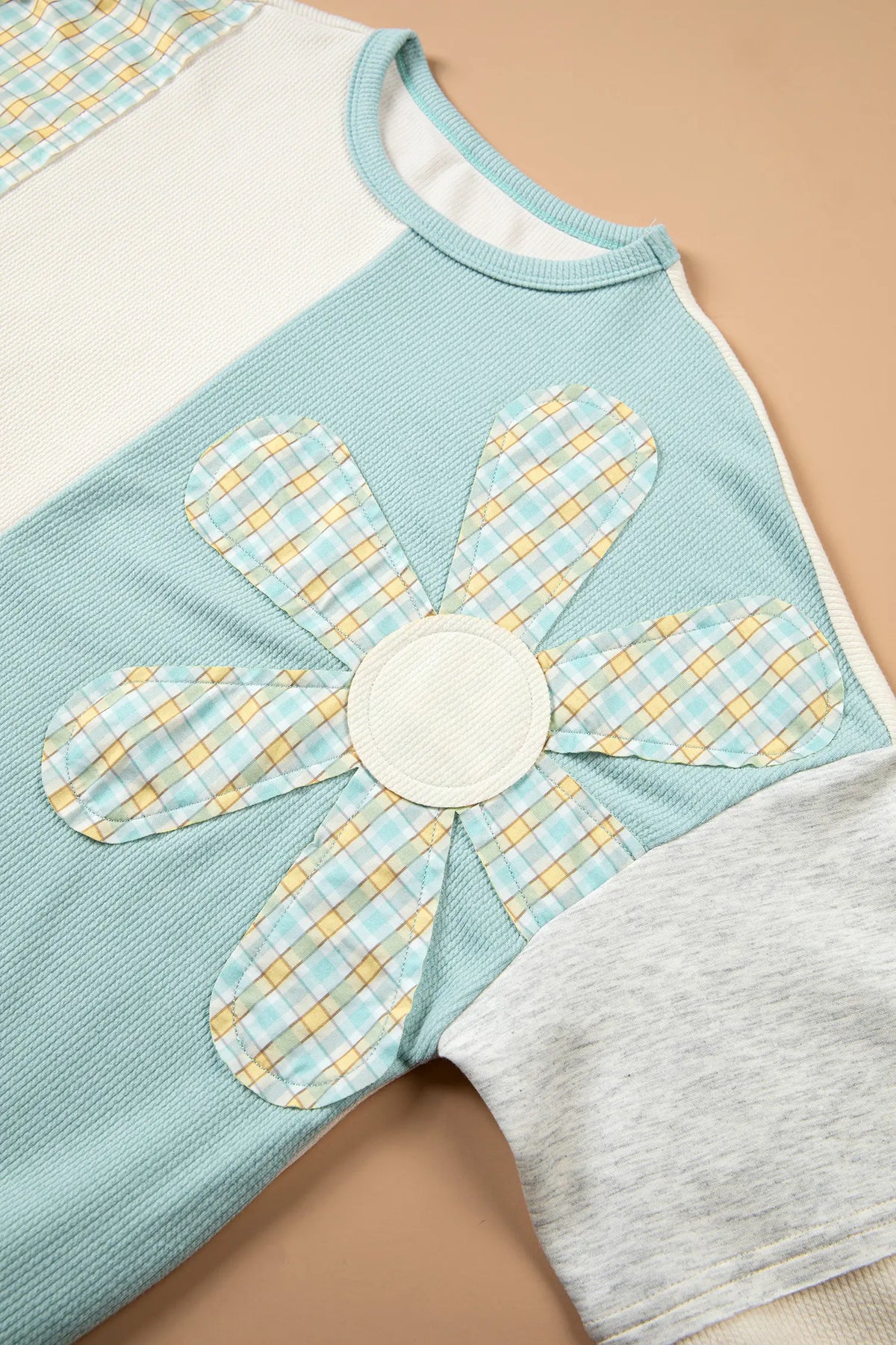 Plaid Patchwork Round Neck Long Sleeve Top – Light Blue