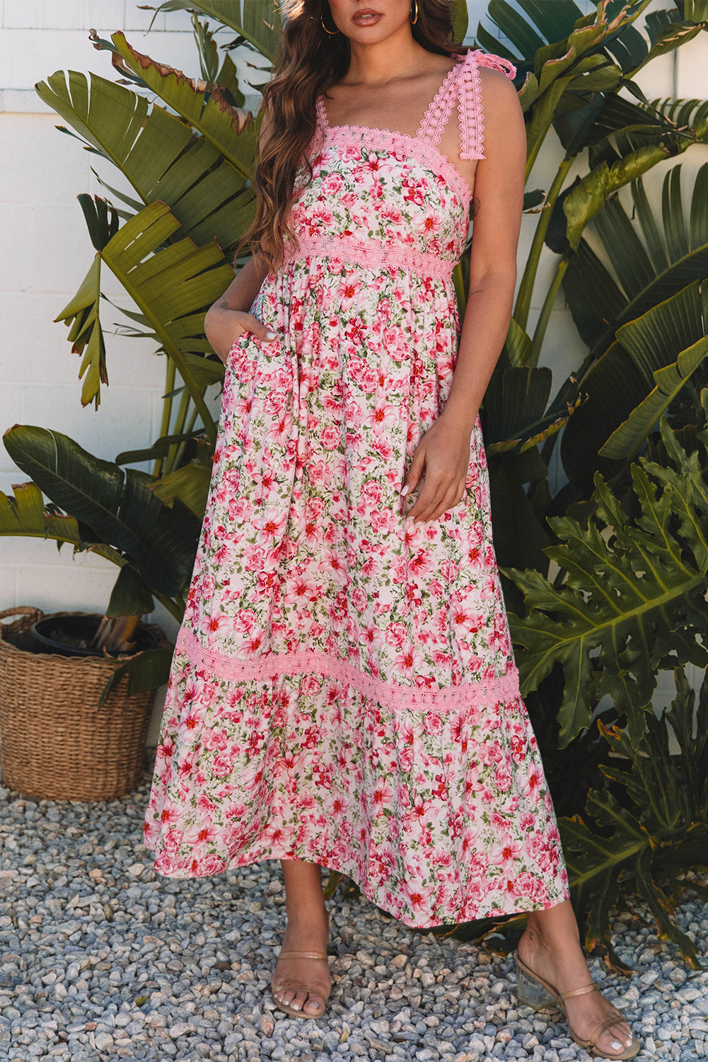 Pink Floral Lace Tied Strap Empire Waist Maxi Dress eAura