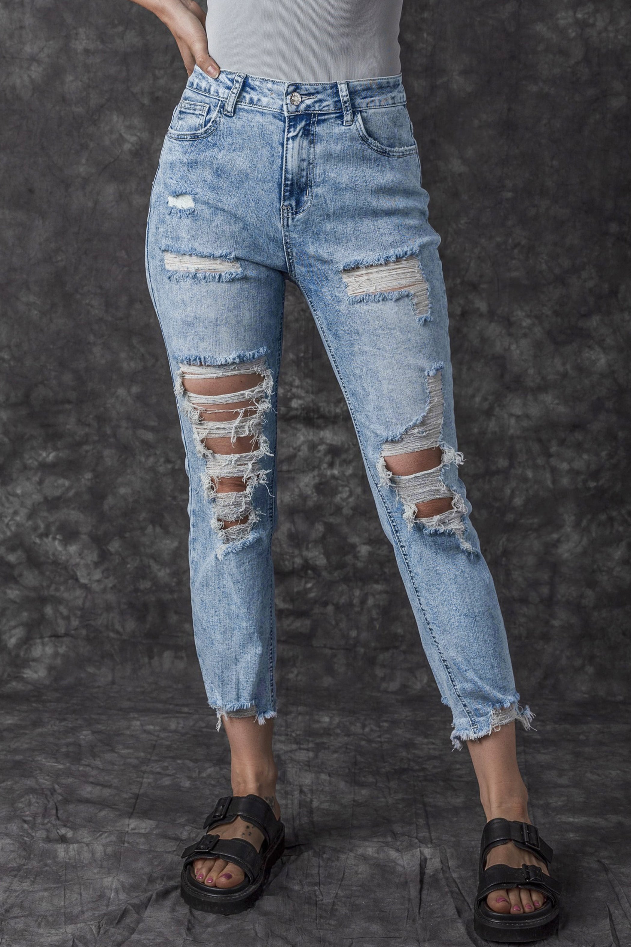 Sky Blue Acid Wash Distressed Slim Fit Jeans Beagle Boutique Fashion Outlet