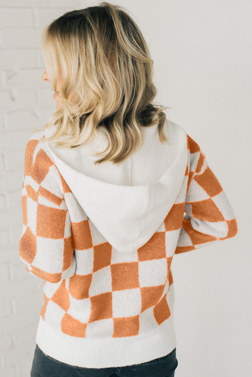 Gold Flame Checkered Split Neck Contrast Kangaroo Pocket Hoodie Sweater eAura