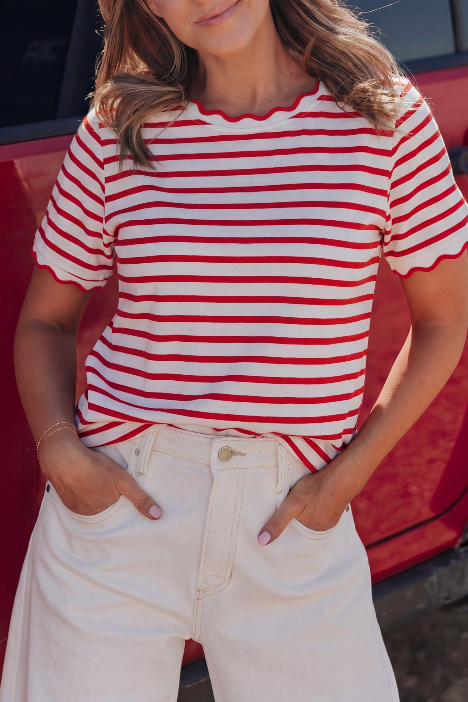 Stripe Scalloped Trim Round Neck T-Shirt