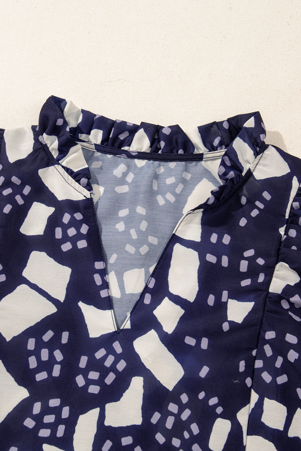 Blue Abstract Print Frilled Puff Sleeve V-Neck Blouse eAura