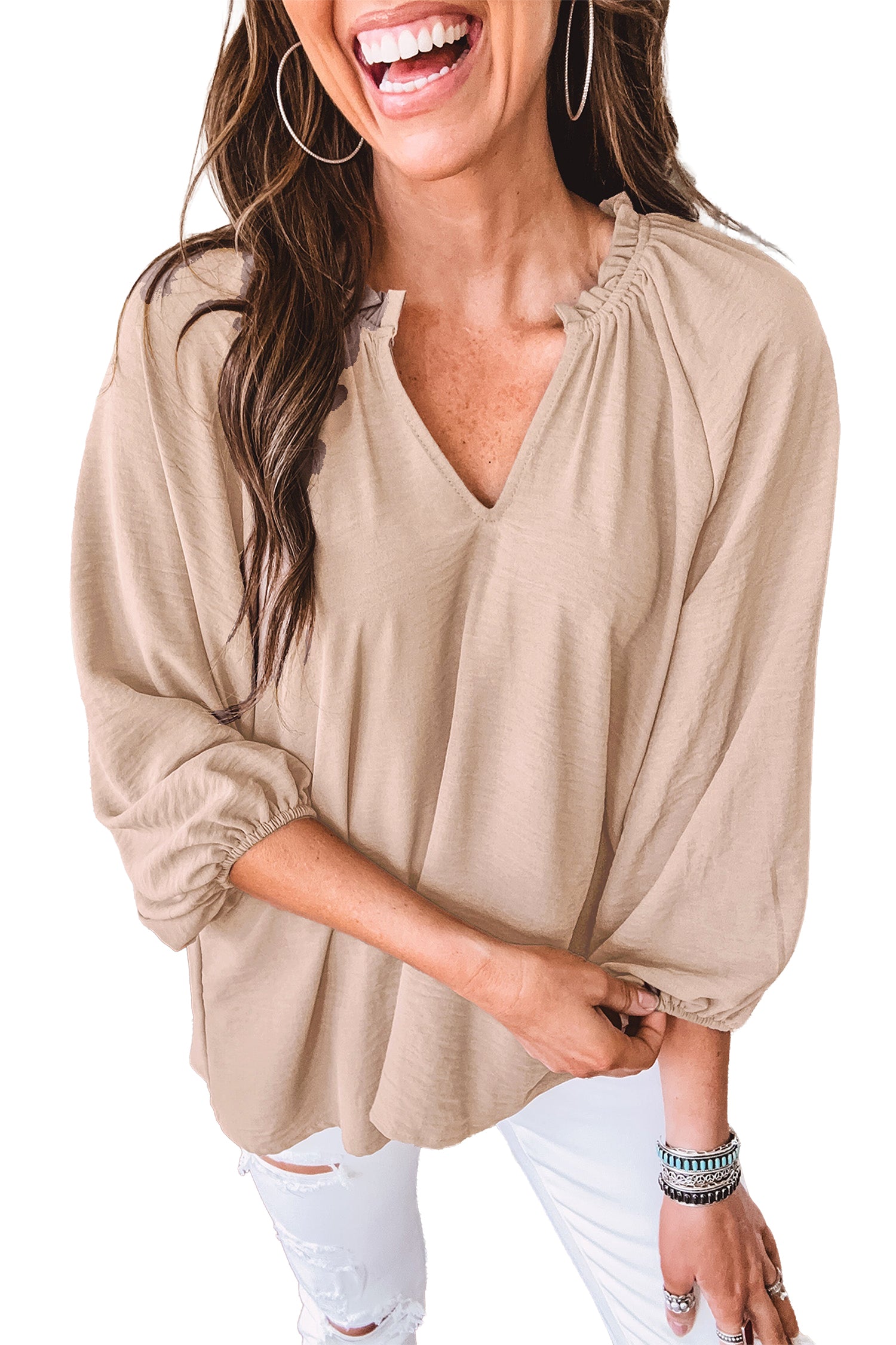 V Neck Gathered Cuff Three Quarter Sleeve Blouse – Parchment