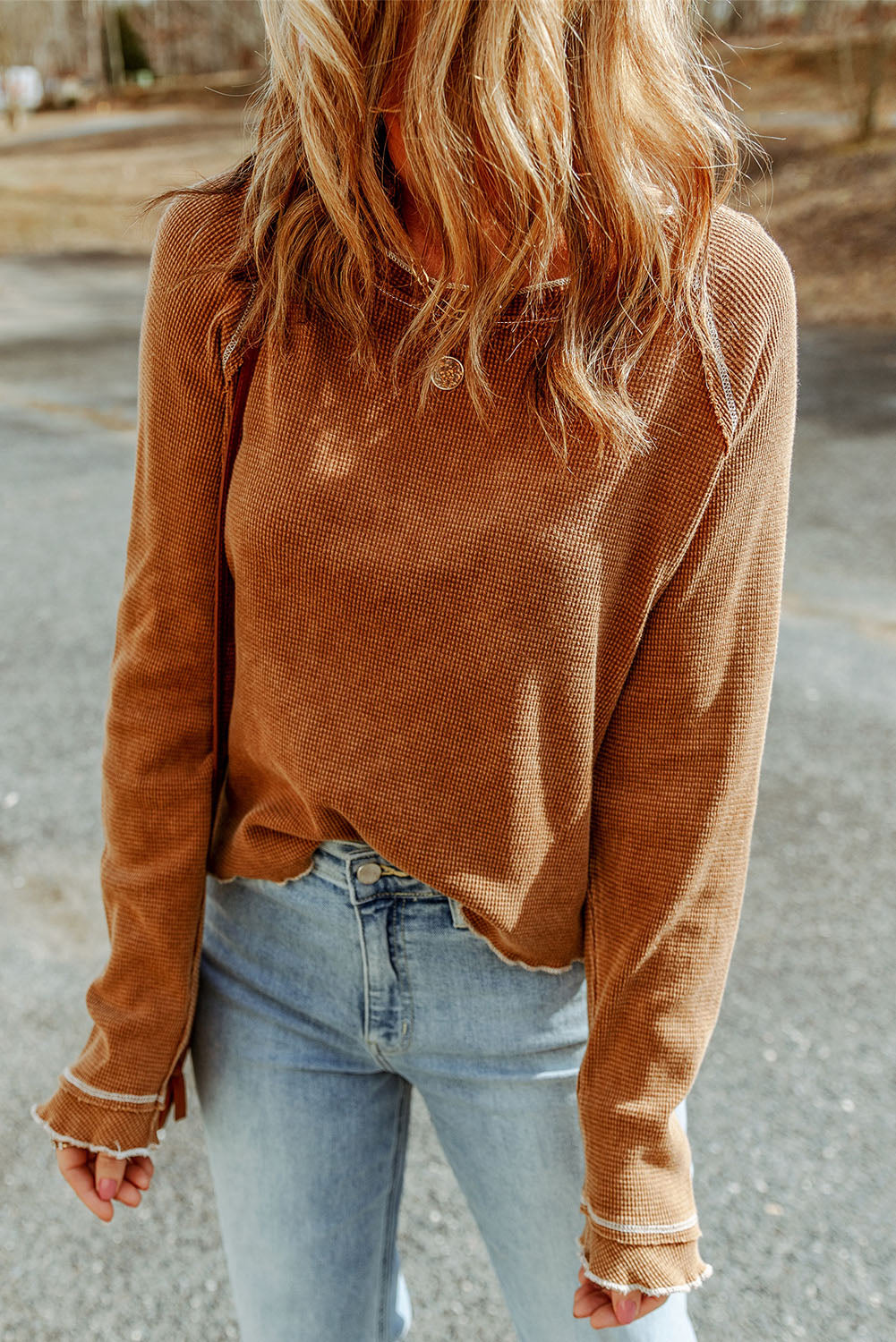 Fiery Red Textured Round Neck Long Sleeve Top eAura