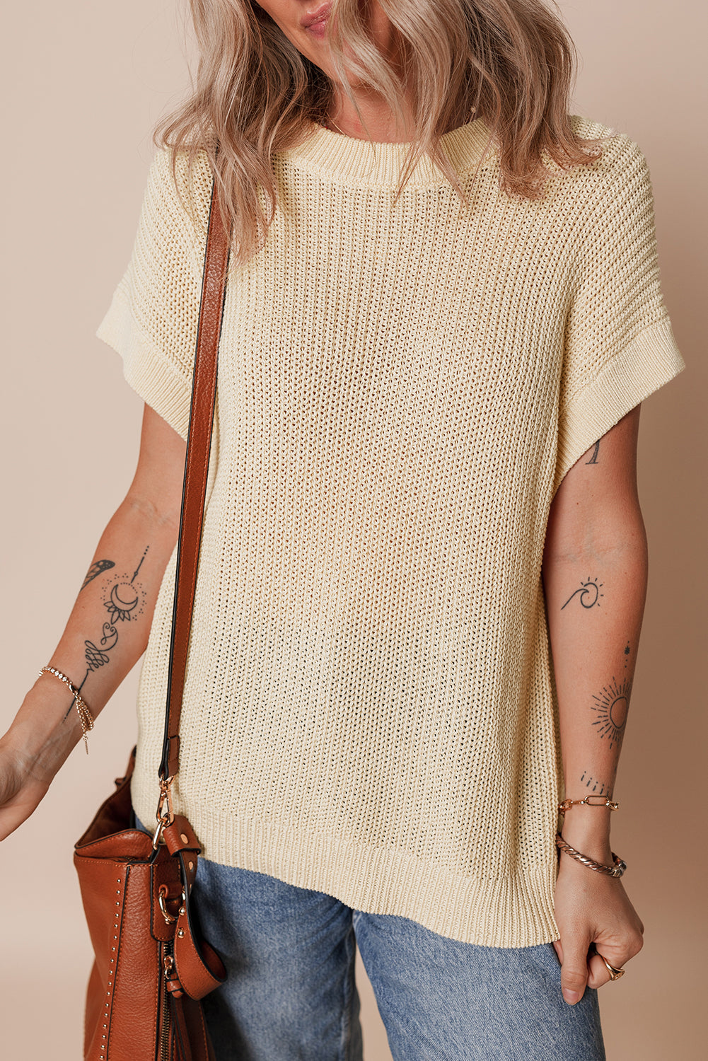 Oatmeal Solid Colour Batwing Short Sleeve Round Neck Knit T Shirt eAura
