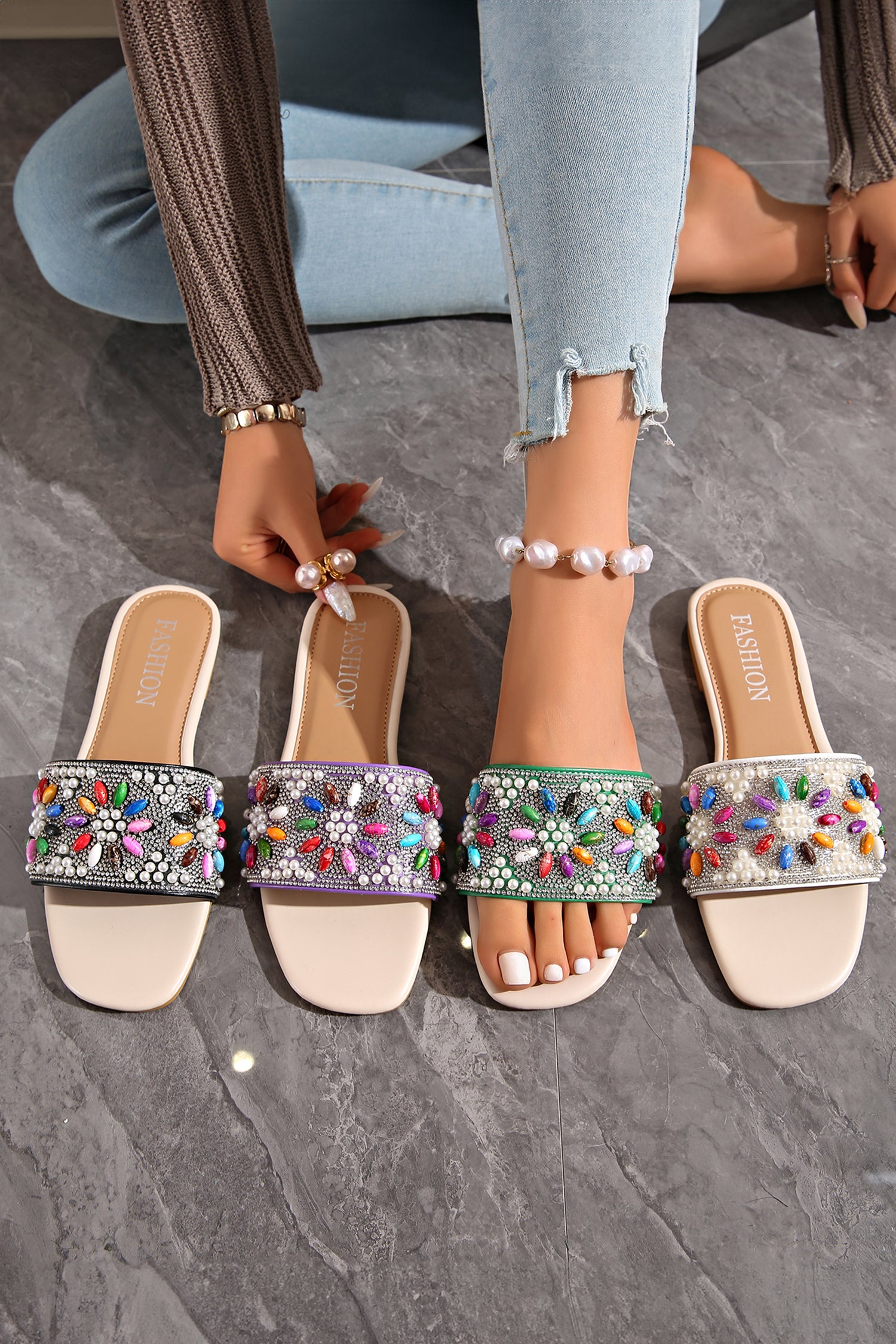 Rhinestone & Pearl Square Toe Beach Slippers – White