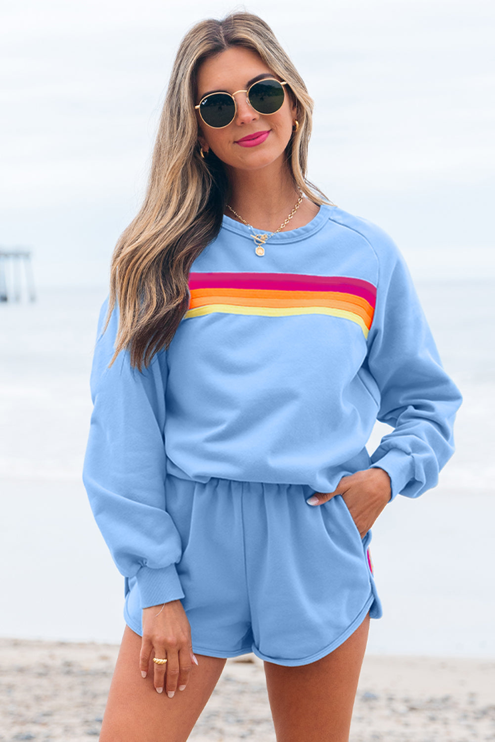 Beau Blue Striped Accent Pullover and Shorts Two Piece Casual Set Beagle Boutique Fashion Outlet