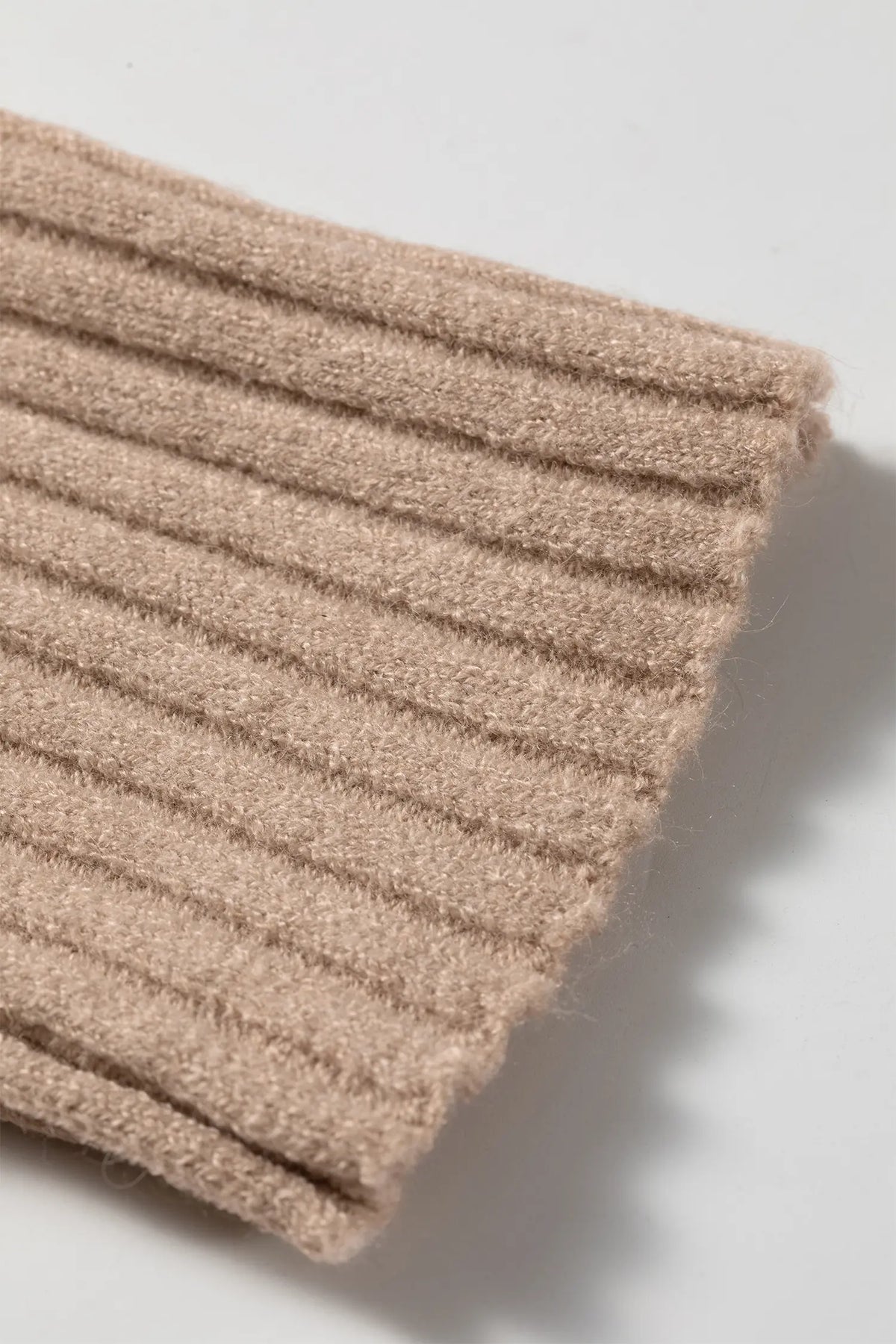 Ribbed Trim High Neck Short Sleeve Casual Sweater – Beige