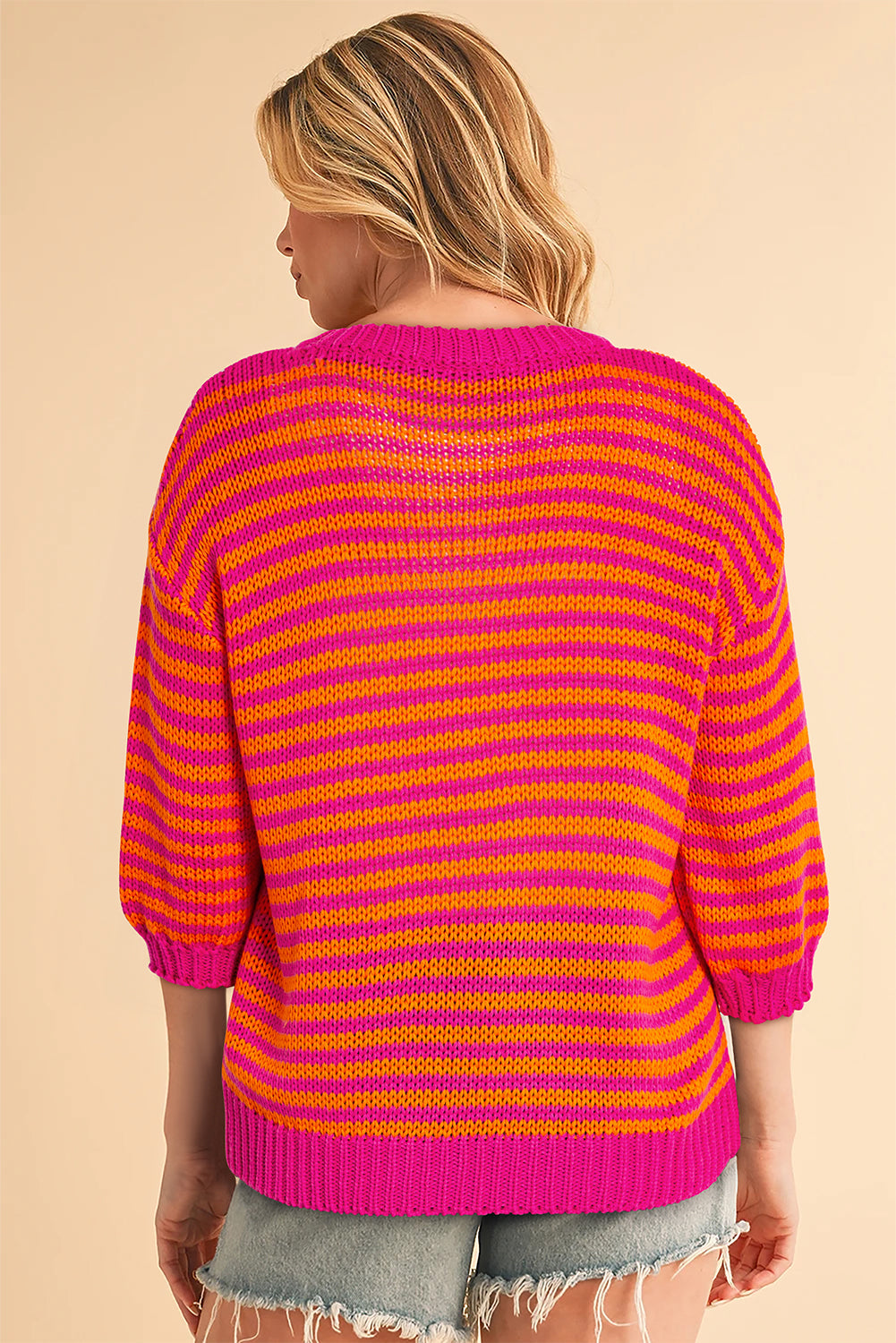 Rose Stripe 3/4 Puff Sleeve Drop Shoulder Sweater eAura