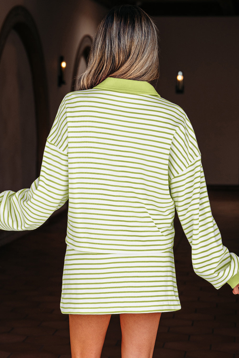 Stripe Collared V-Neck Drop Shoulder Pullover and Skort 2pcs Co-ord eAura