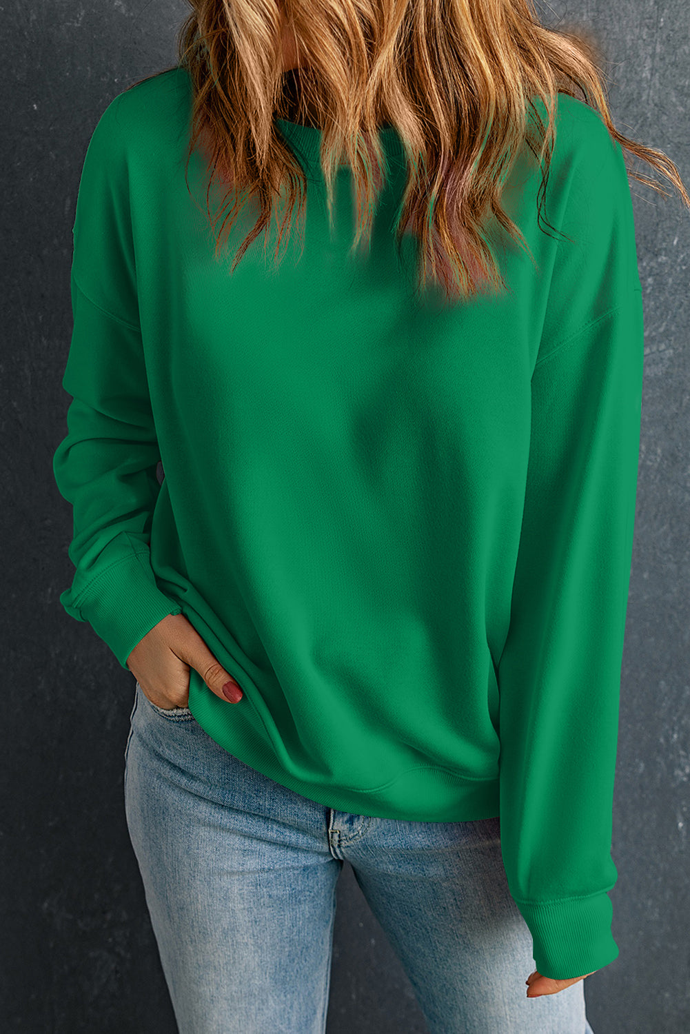 Dark Green Solid Classic Crewneck Pullover Sweatshirt eAura