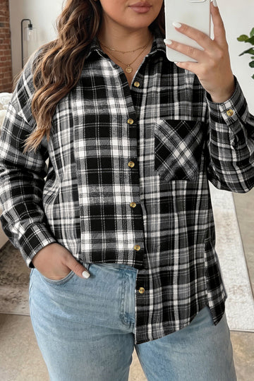 Plaid Long Sleeve V Neck Shift Plus Size Shirt Jacket – Black