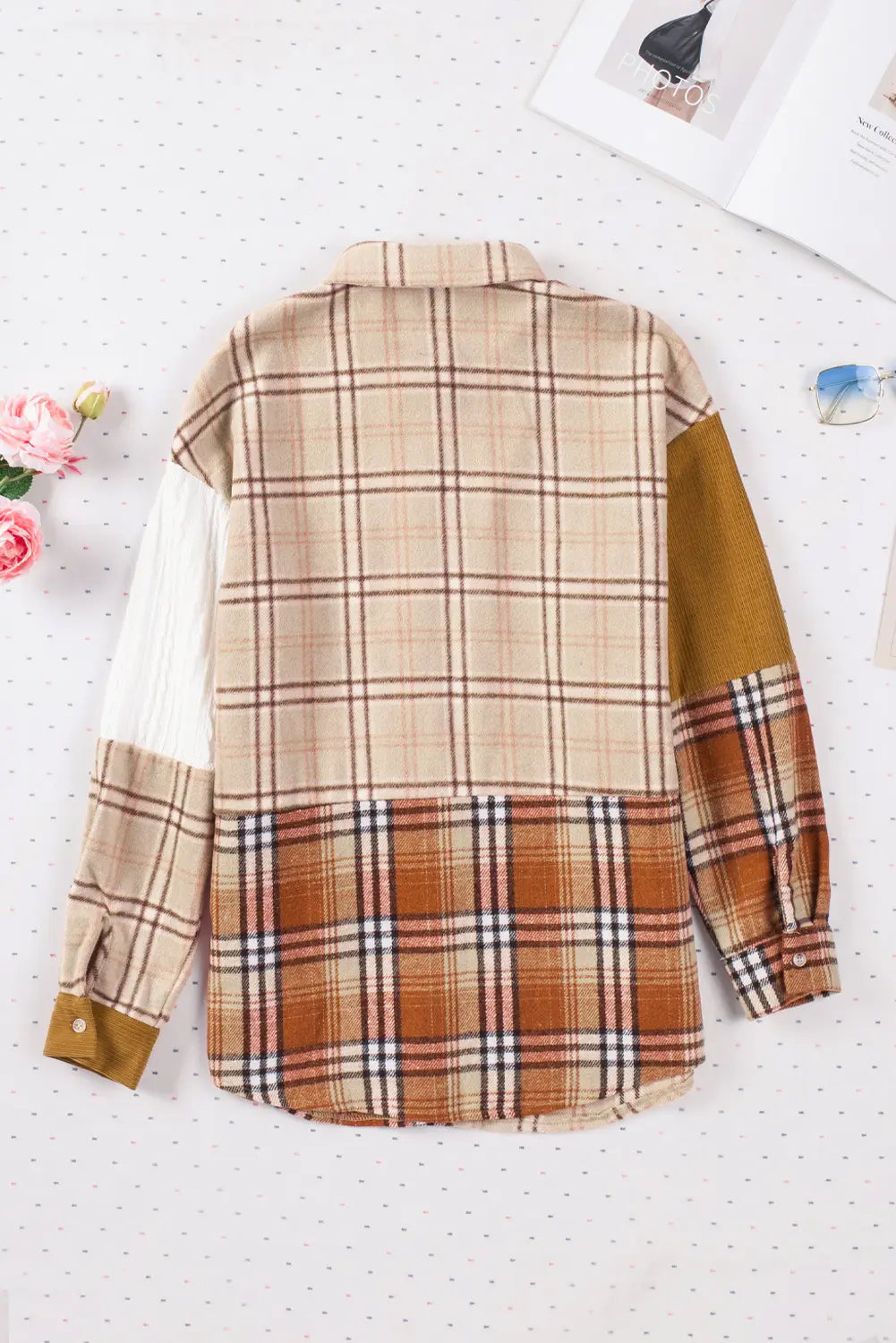Orange Plaid Colour Block Patchwork Shirt Jacket with Pocket