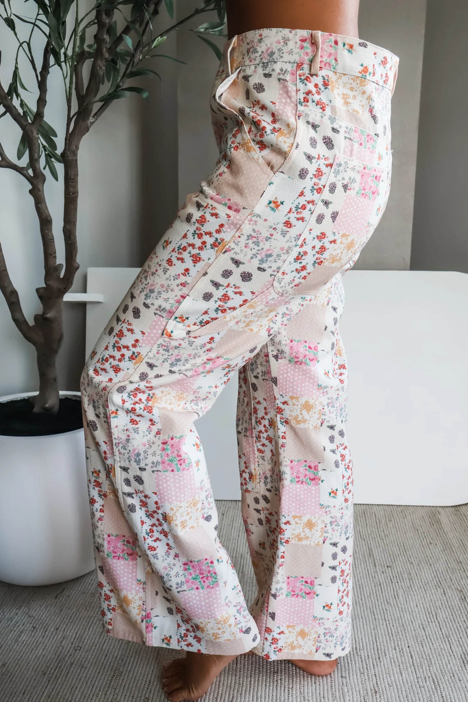 Floral Patchwork Wide Leg Full Length Jeans – Pink
