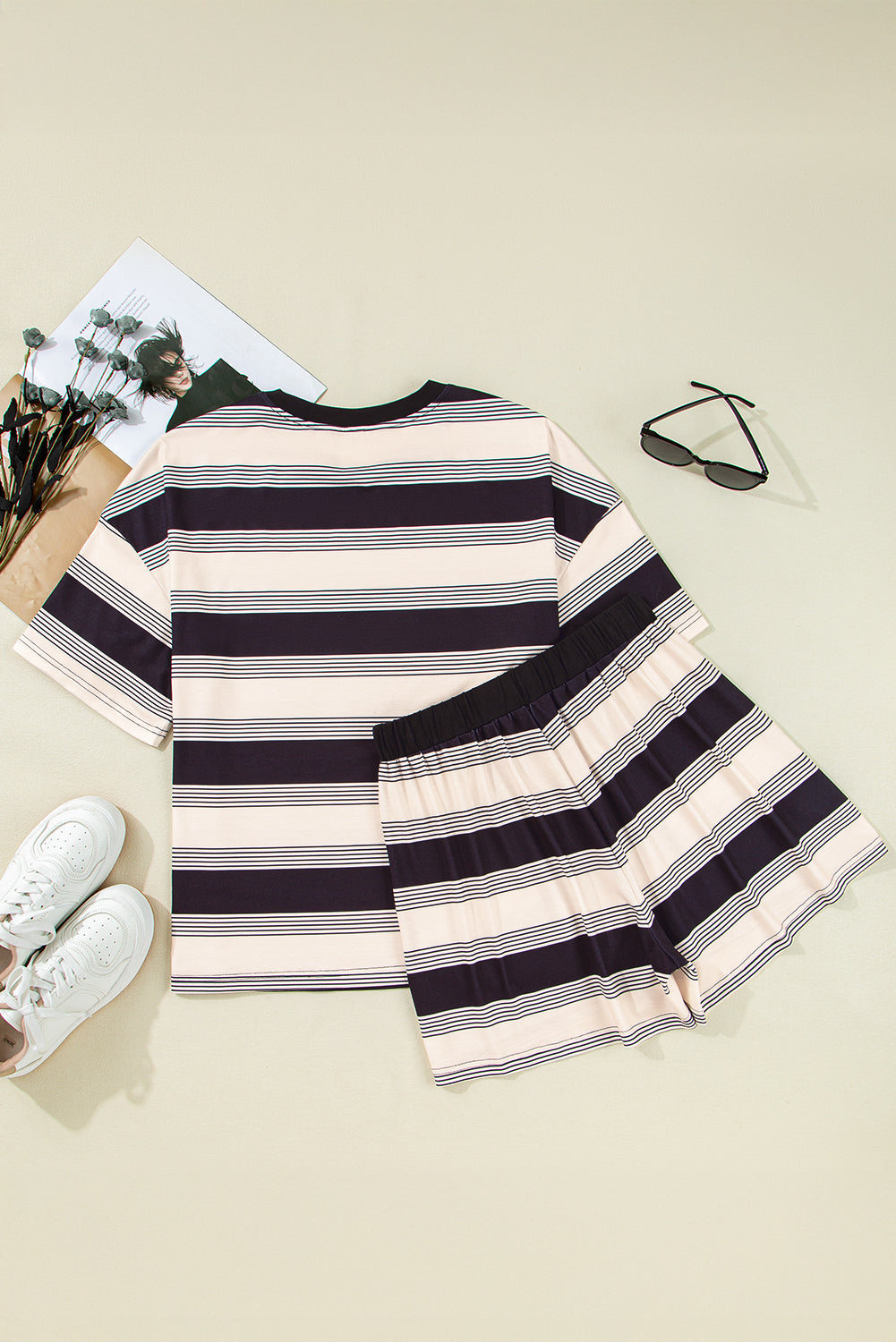 Black Stripe Short Sleeve T Shirt and High Waist Pocketed Shorts Set eAura
