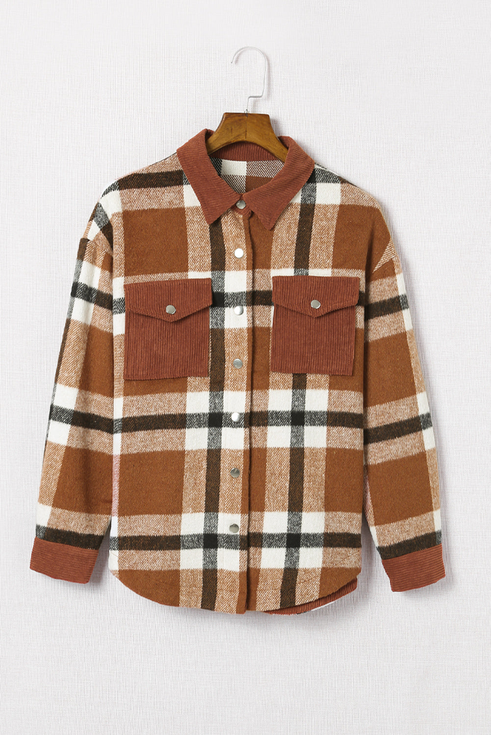 Brown Pocketed Buttoned Plaid Shirt Jacket Beagle Boutique Fashion Outlet