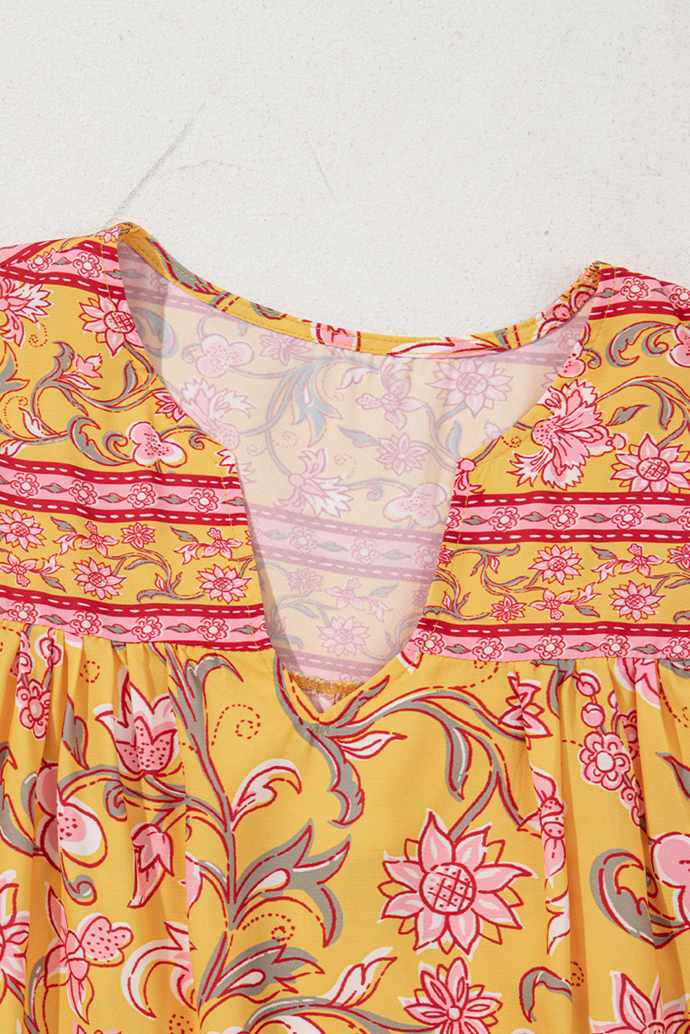Yellow Floral Notched Neck Ruffled Sleeve Casual Blouse eAura