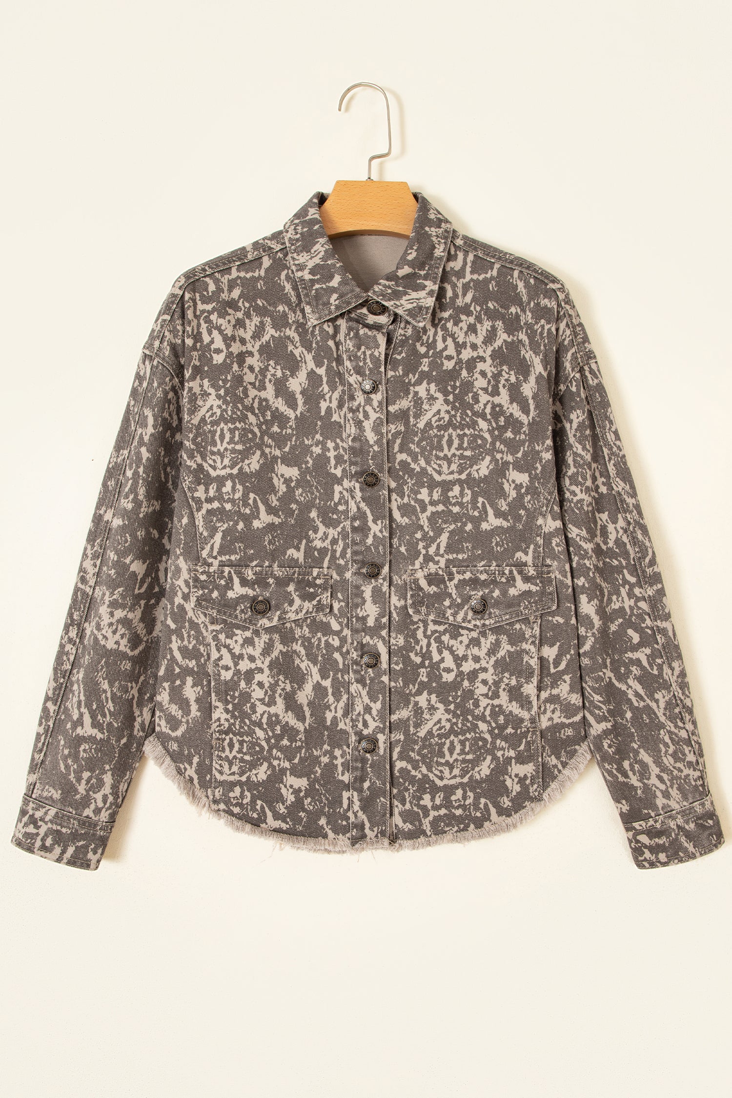 Abstract Print Long Sleeve Collar Raw Hem Denim Jacket – Khaki