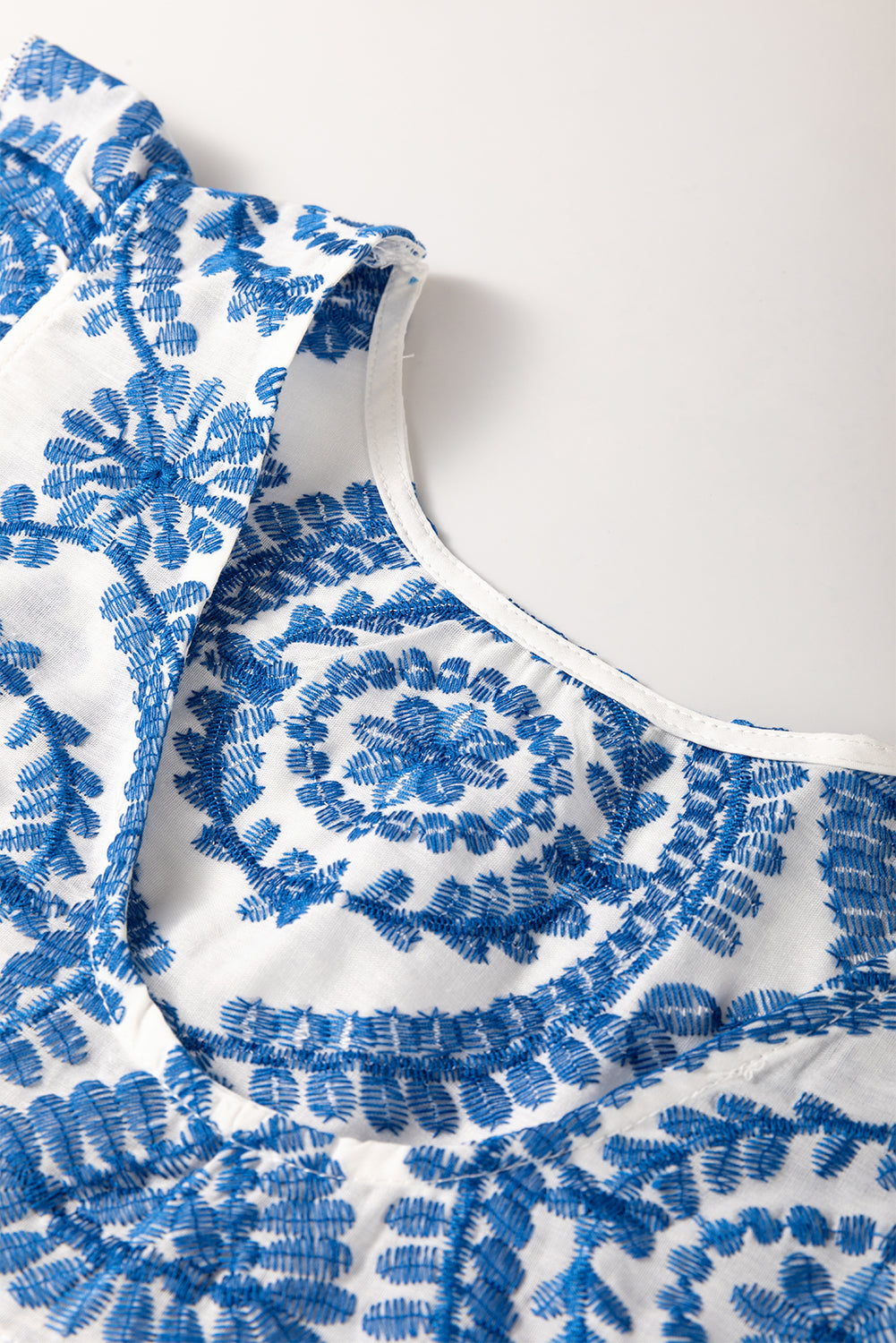 Blue Boho Print Flutter Sleeve Crew Neck Blouse eAura