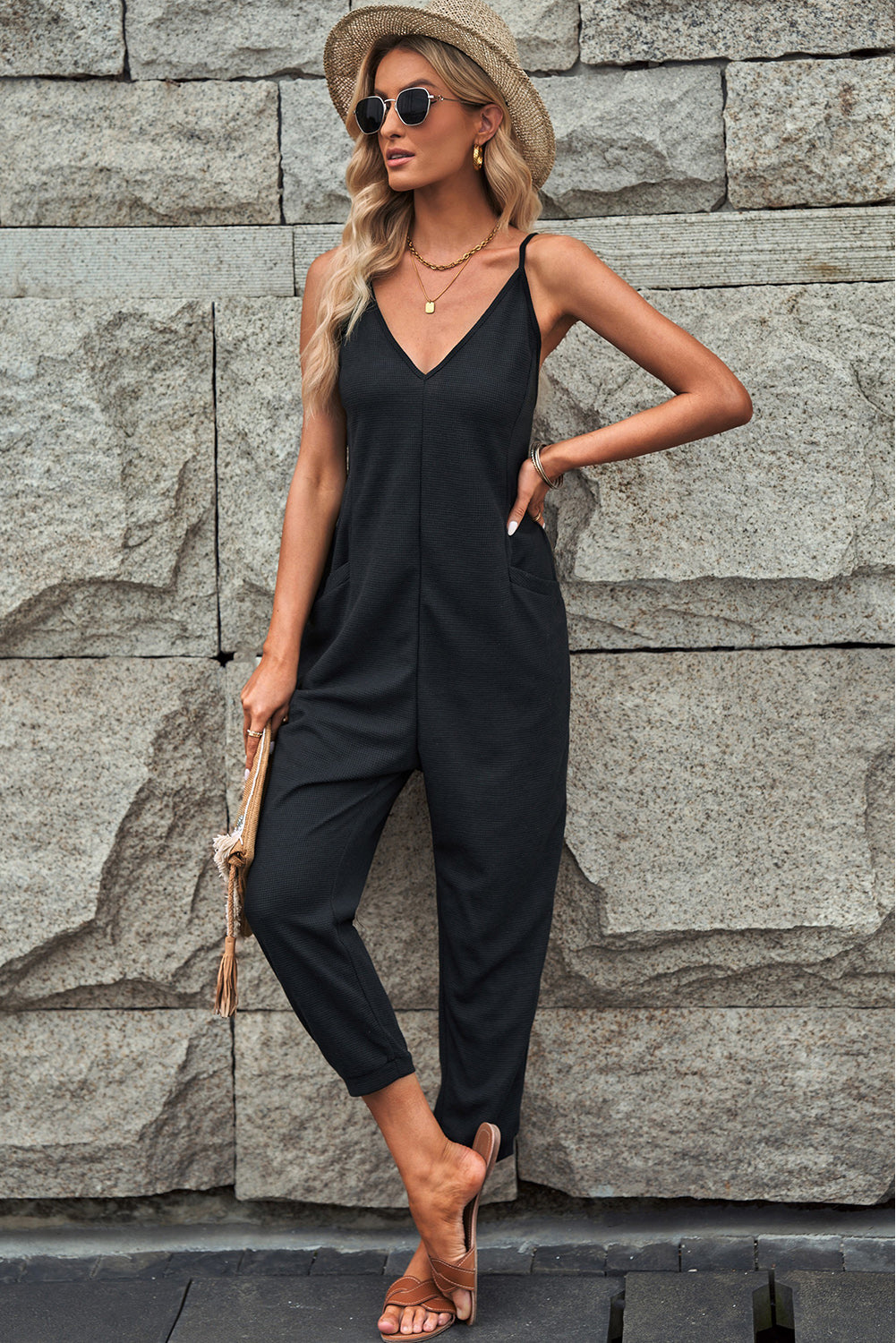 Black Textured Sleeveless V-Neck Pocketed Casual Jumpsuit BB Fashion Outlet