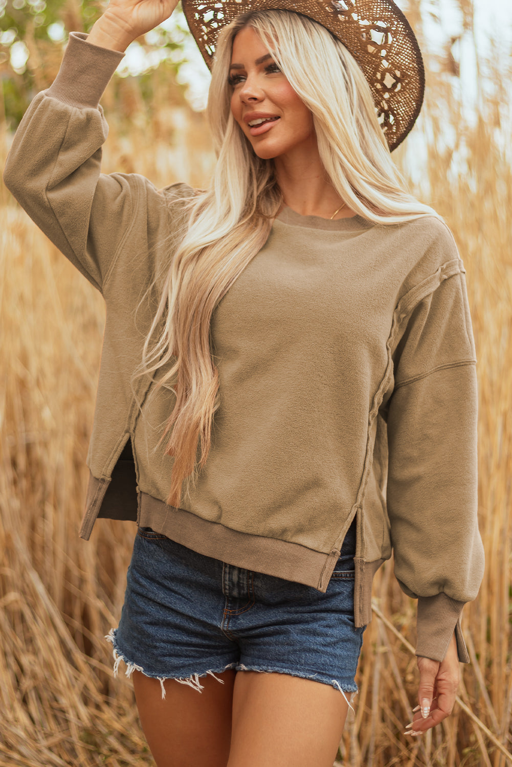 Fuzzy Sherpa Splicing Pullover Sweatshirt with Side Slit - eAura