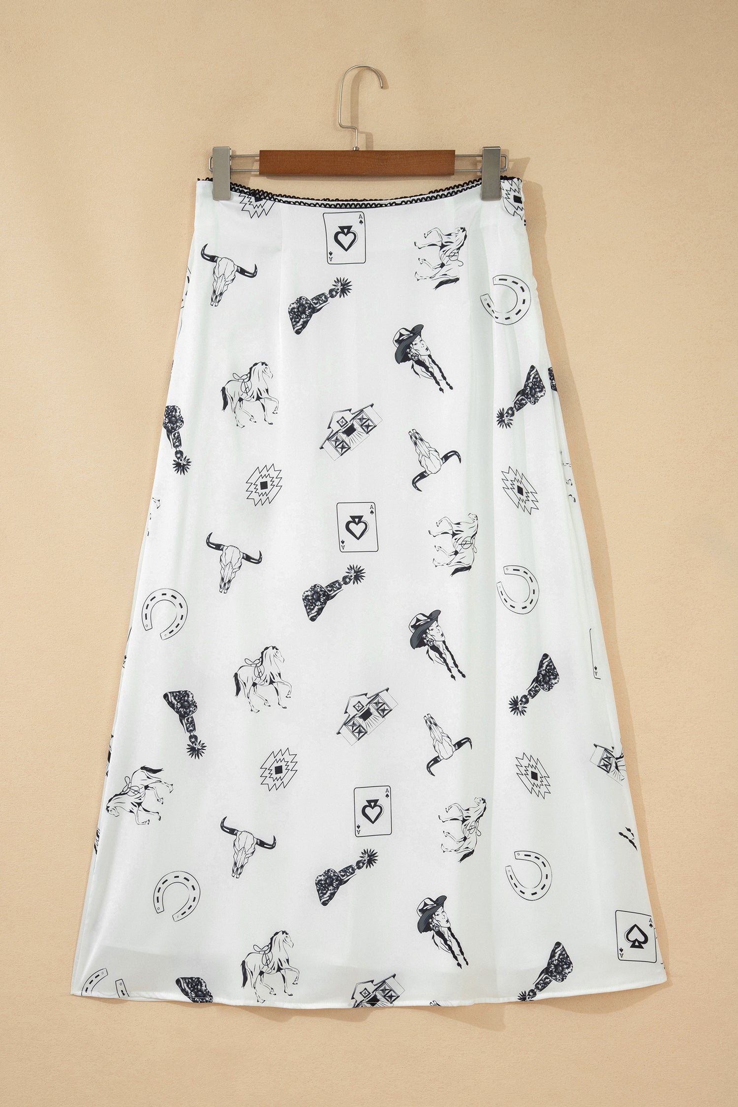 Western Print Satin Long Skirt – White