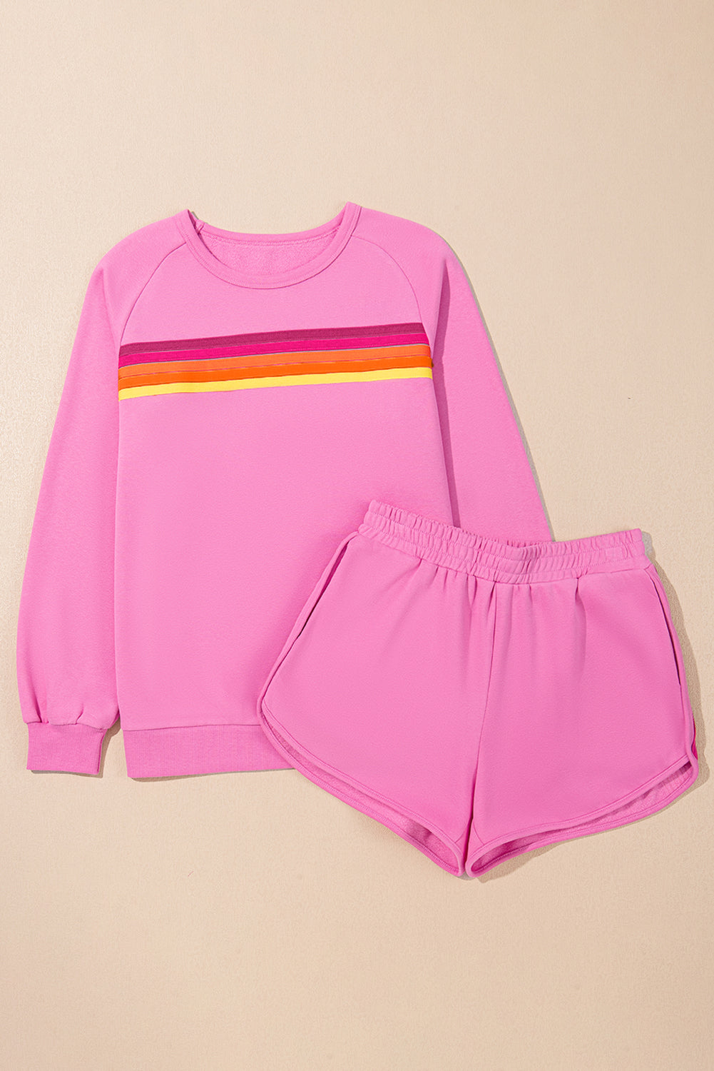 Bonbon Striped Accent Pullover and Shorts Two Piece Casual Set eAura