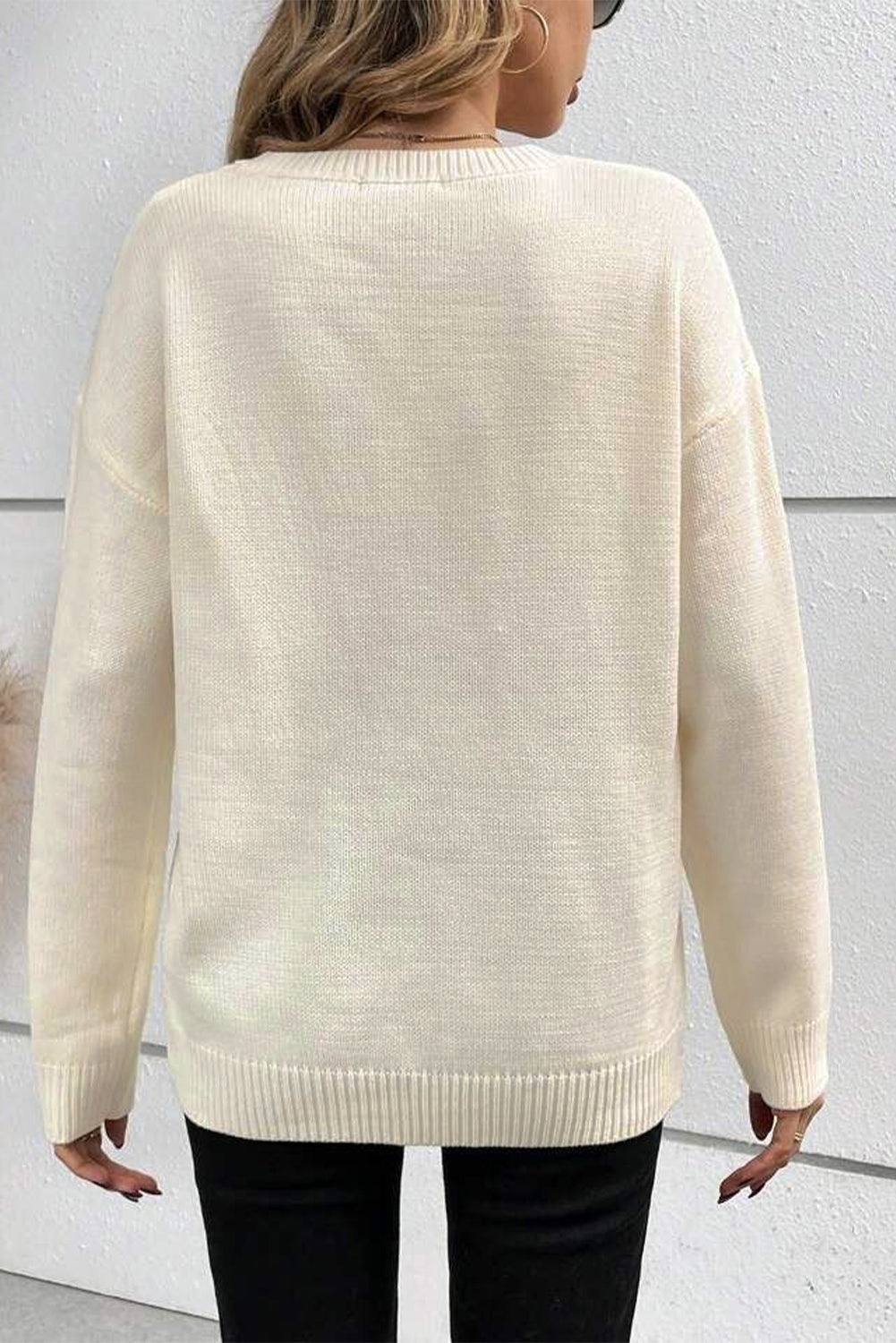 Black Boo Knitted Pattern Ribbed Edge Drop Shoulder Sweater eAura