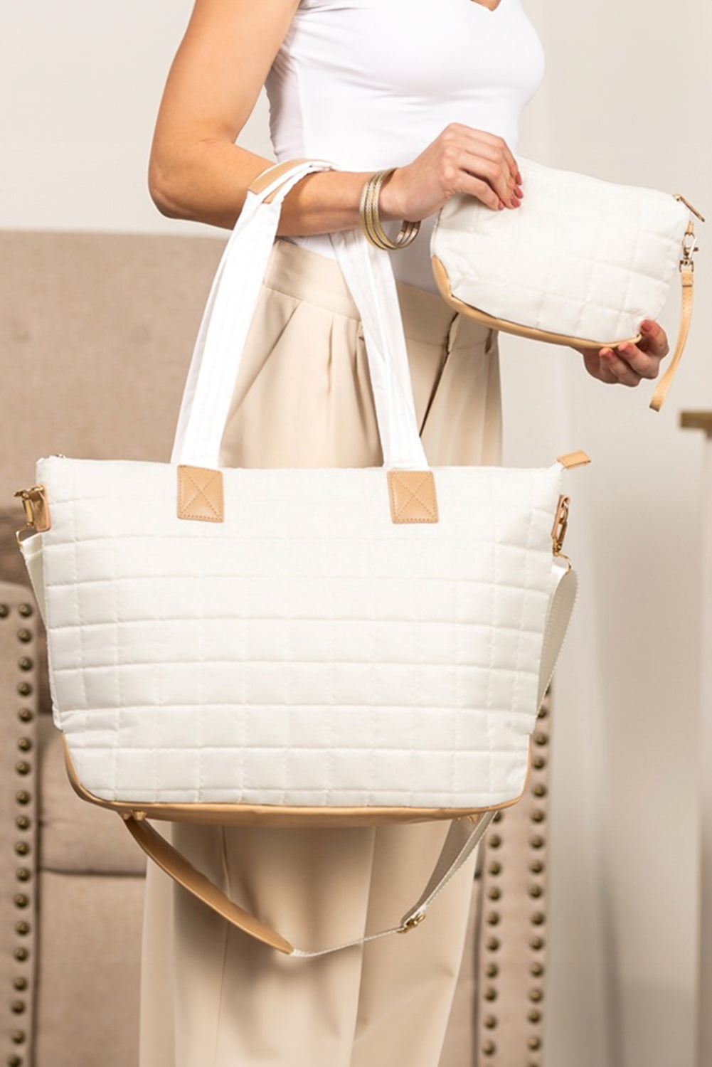 Camel Quiled Patchwork Large Tote Bag and Clutch 2pcs Set