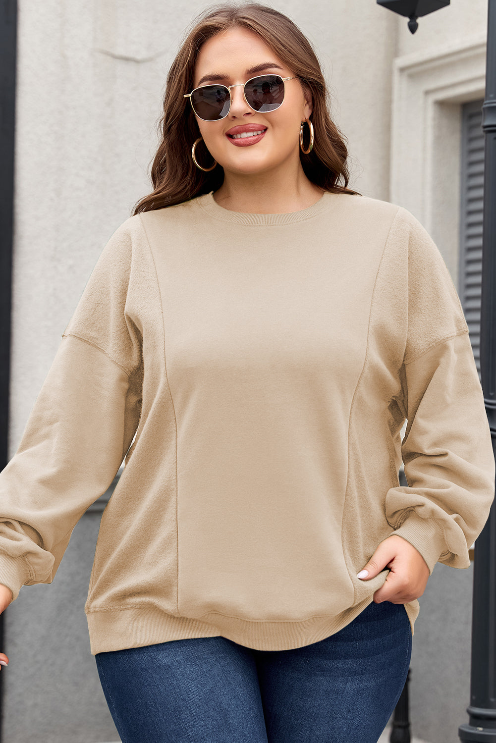 Apricot Loose Patchwork Crewneck Plus Size Sweatshirt Beagle Boutique Fashion Outlet