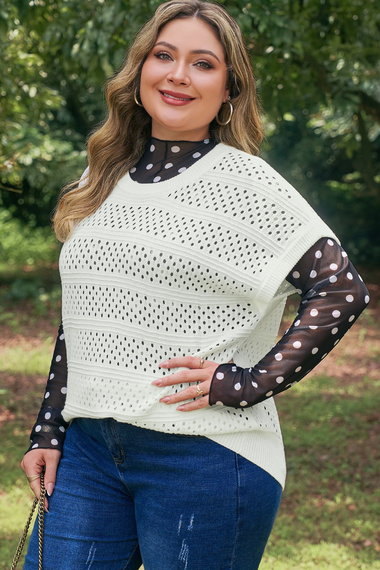 Plus Size Eyelet Hollow-Out Knit Dolman Short Sleeve Sweater