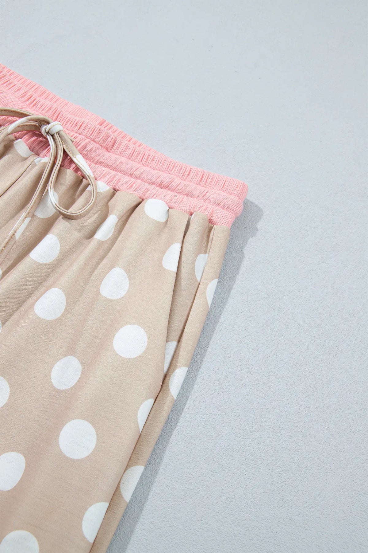 Polka Dot Contrast Trim Long Sleeve Top Drawstring Shift Pants Set – Khaki