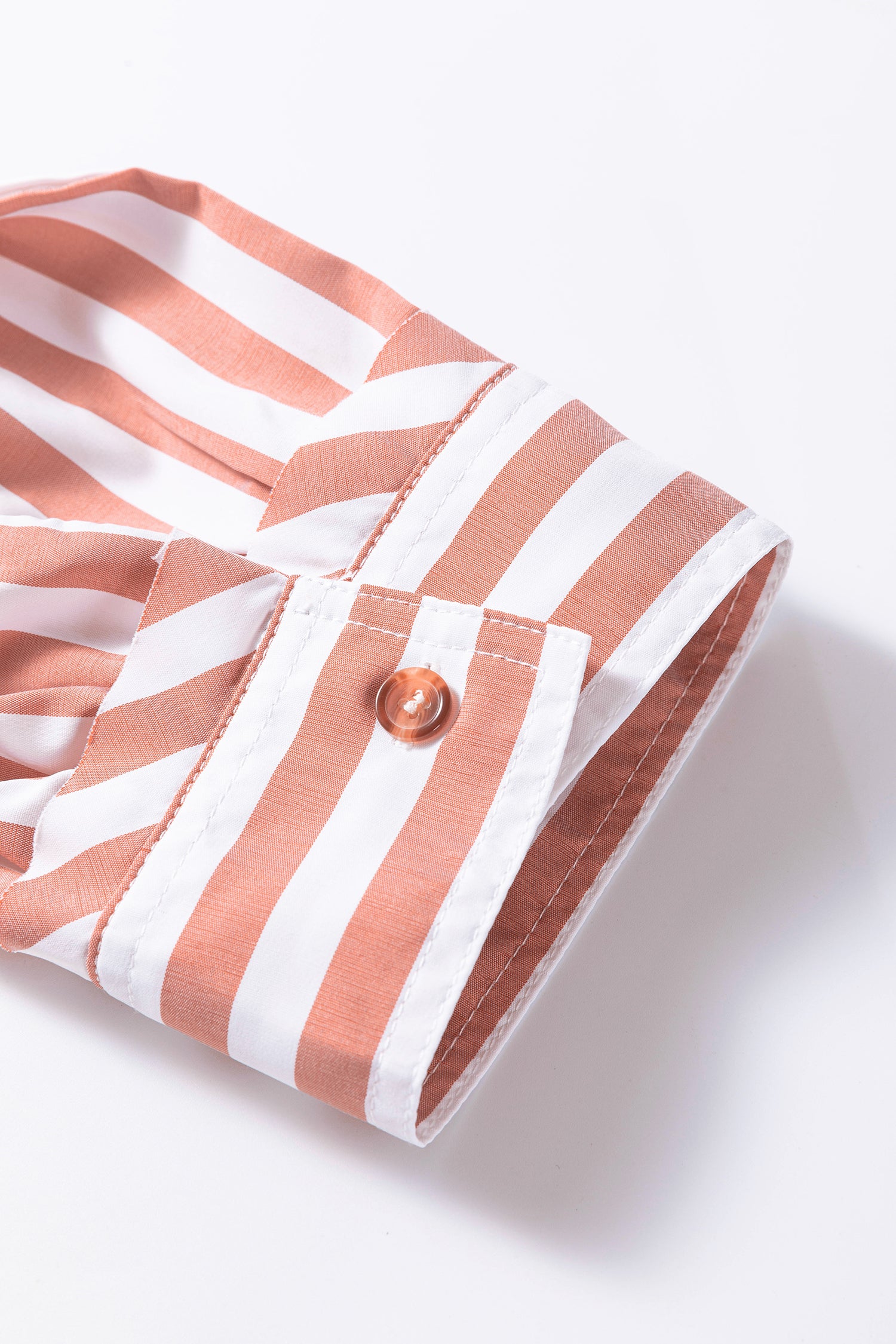 Button Front Ruffle Hem Bracelet Sleeve Shirt – Khaki Stripe