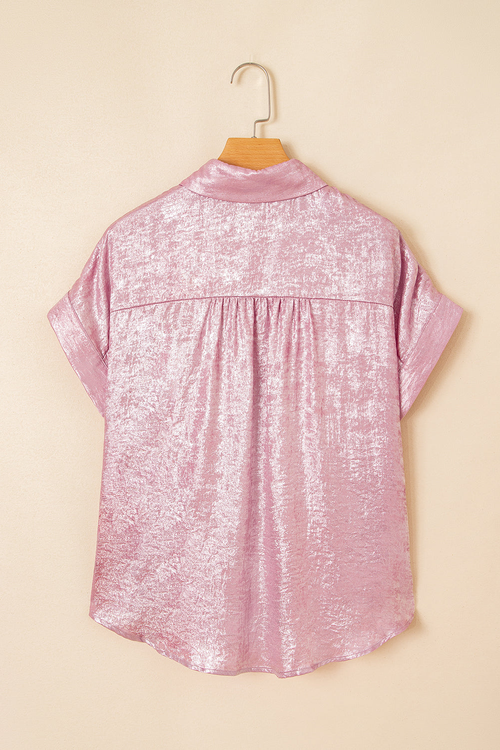 Pink Metallic Sheen Short Sleeve Buttoned Front Casual Shirt BB Fashion Outlet