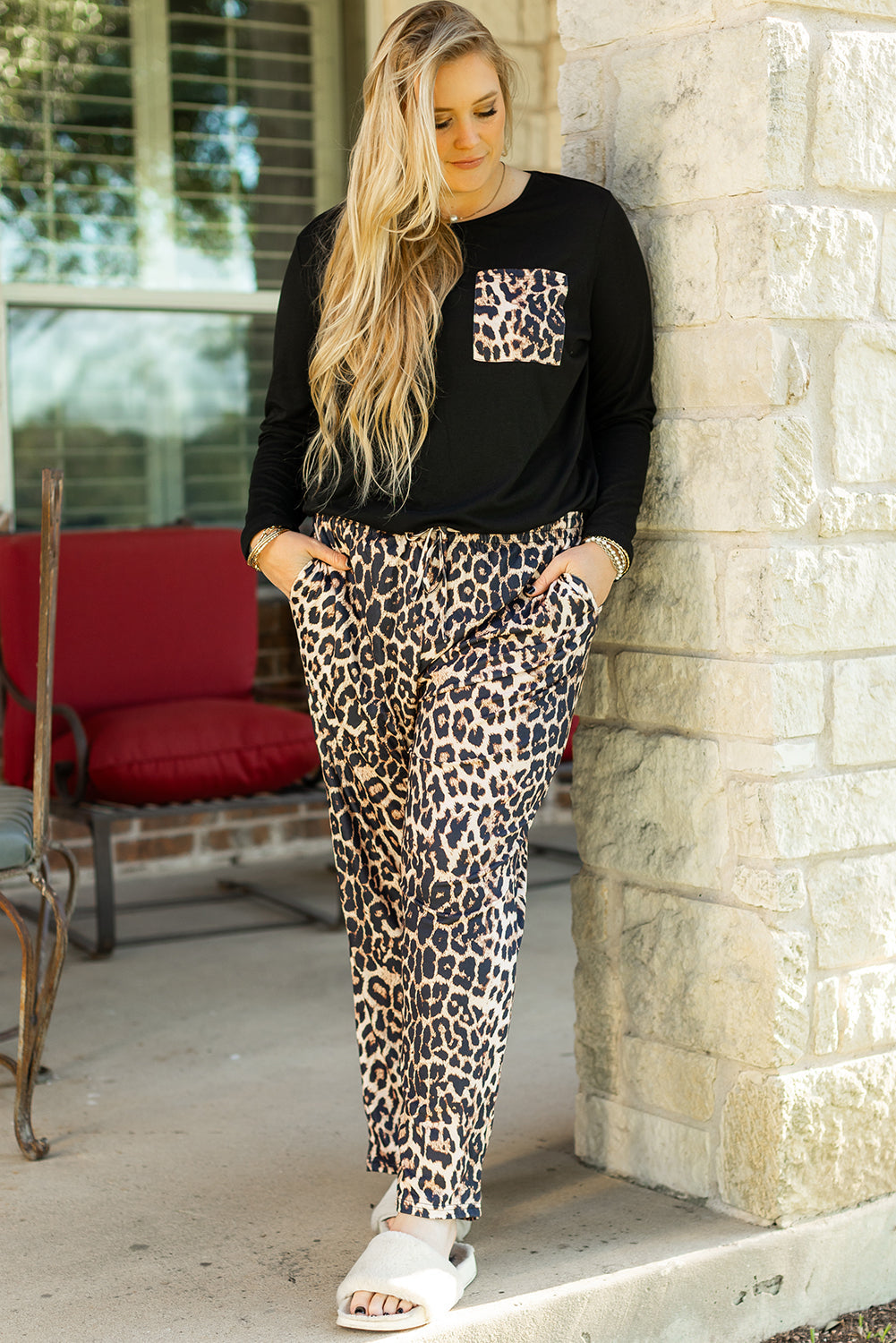 Black Leopard Patched Pocket Long Sleeve Top Plus Size Trousers Set BB Fashion Outlet