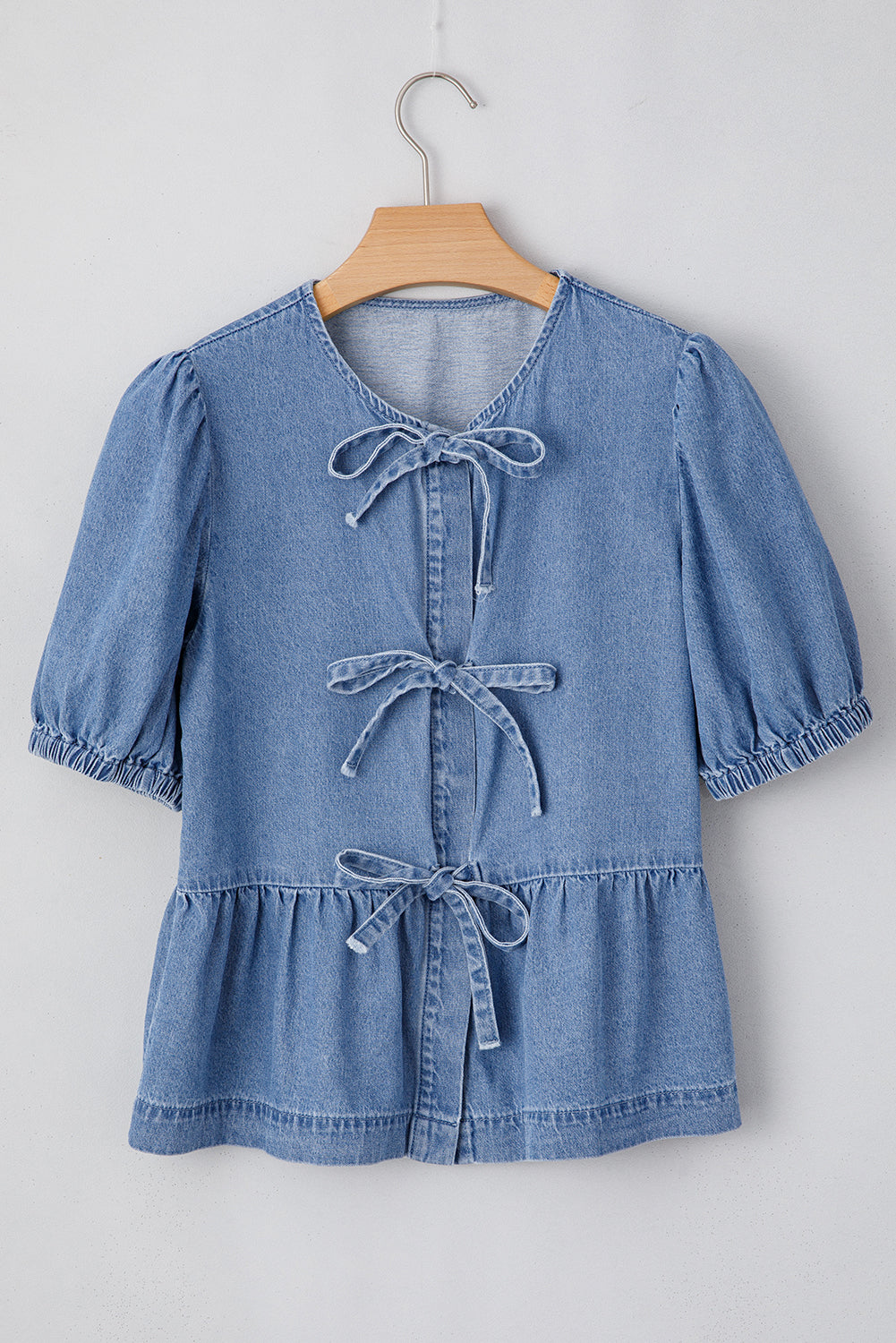 Dusk Blue Tied Front Bubble Sleeve Peplum Denim Shirt eAura