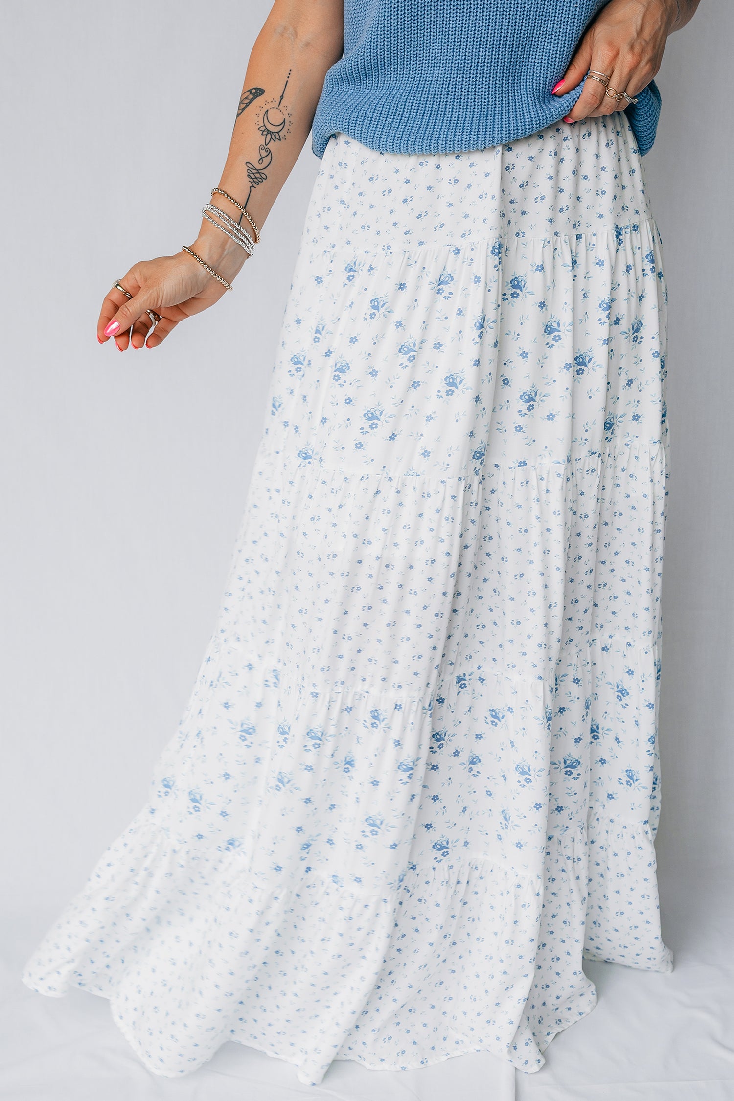 High Waist Tiny Floral Print Boho Maxi Skirt