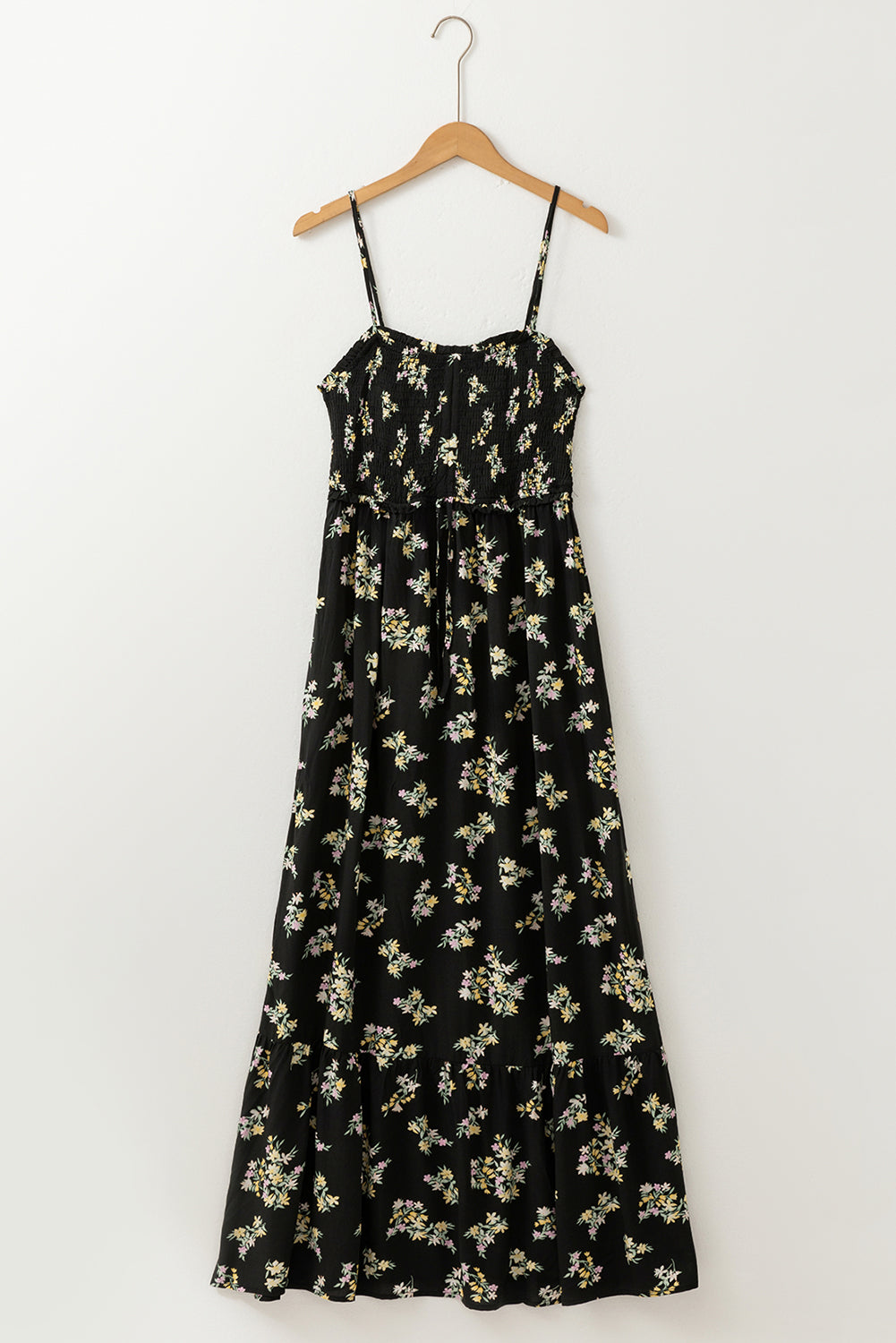 Black Floral Spaghetti Strap Shirred Bodice Tied Empire Waist Maxi Dress eAura