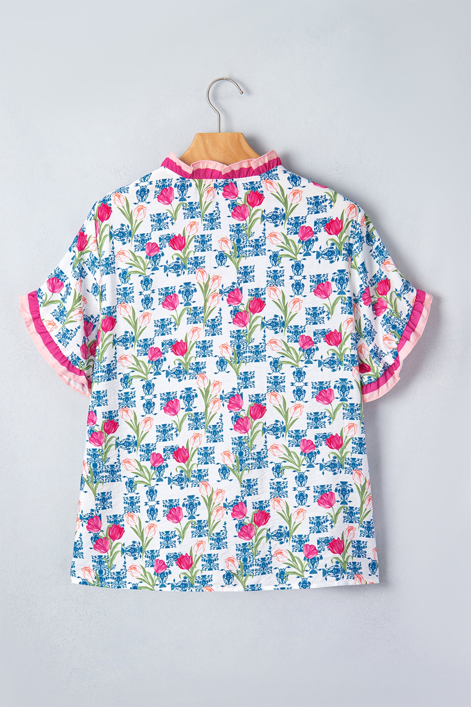 Floral Print Ruffle V-Neck Short Sleeve Loose Tunic Shirt – Rose