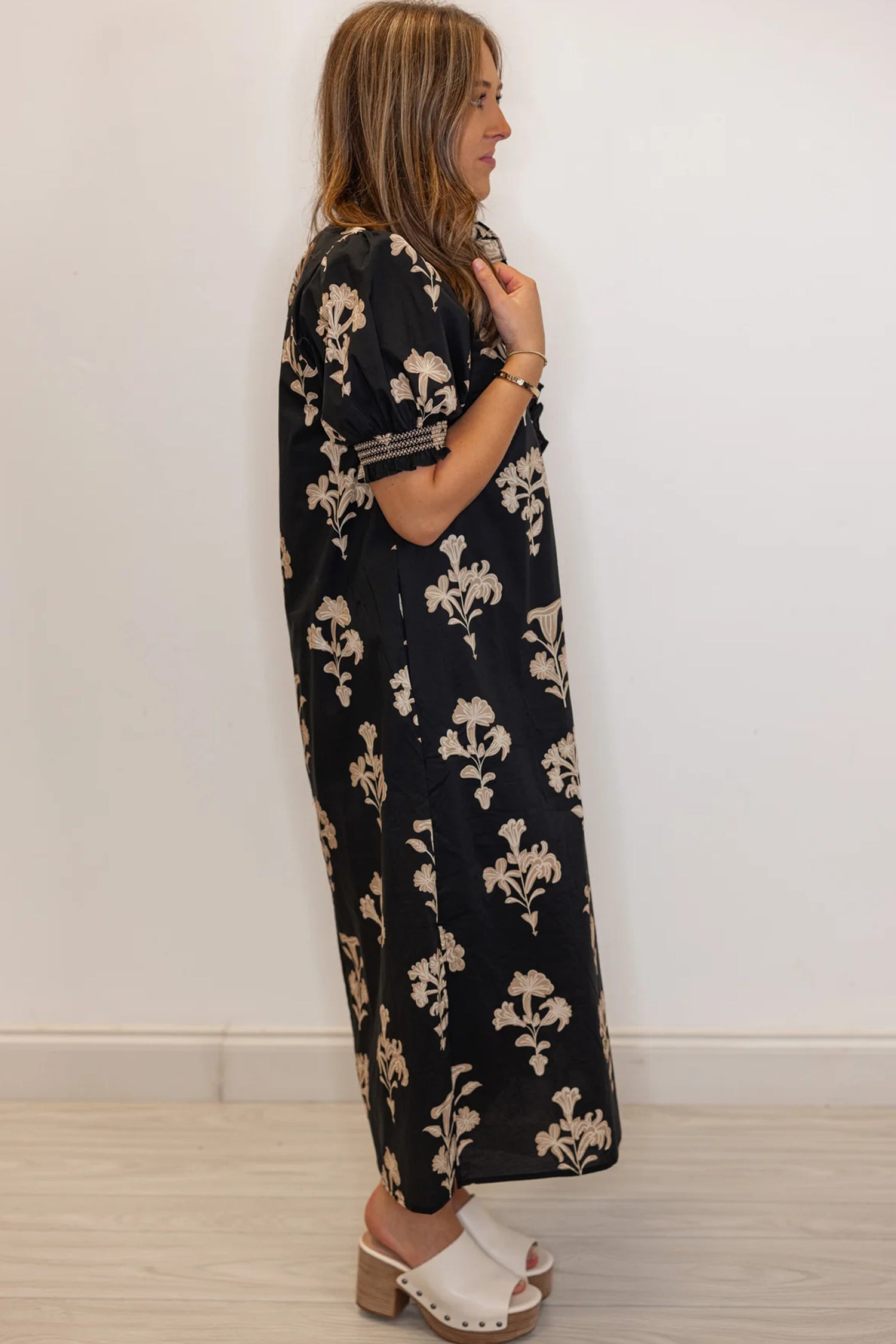 Floral Print Frilled Collar Short Puff Sleeve Plus Size Maxi Dress