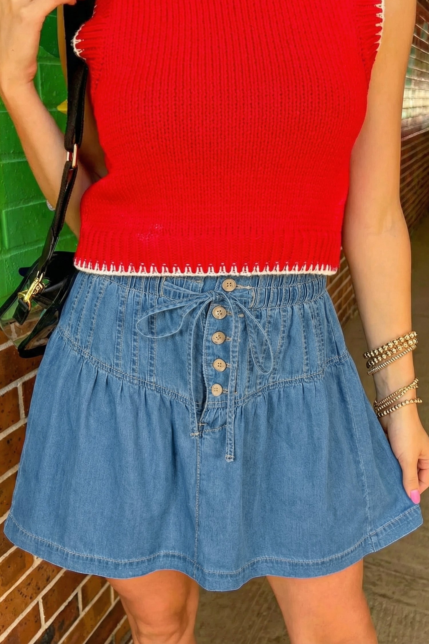 Sky Blue Pleated High Waist Denim Mini Skirt with Drawstring