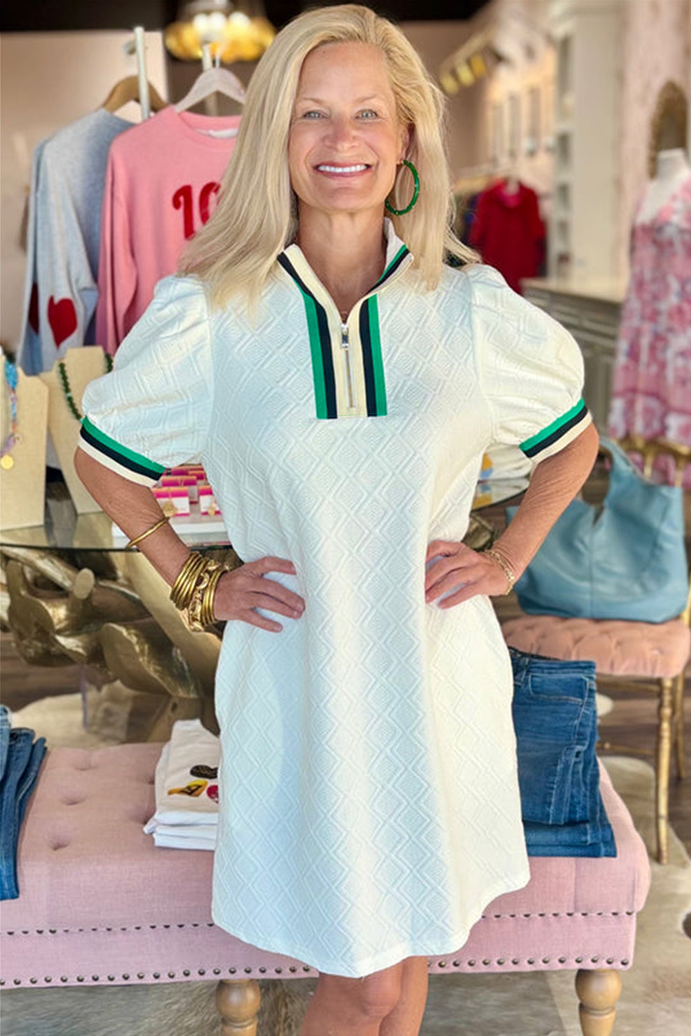 Jacquard Edge Puff Sleeve Quarter Zip Mini Dress eAura