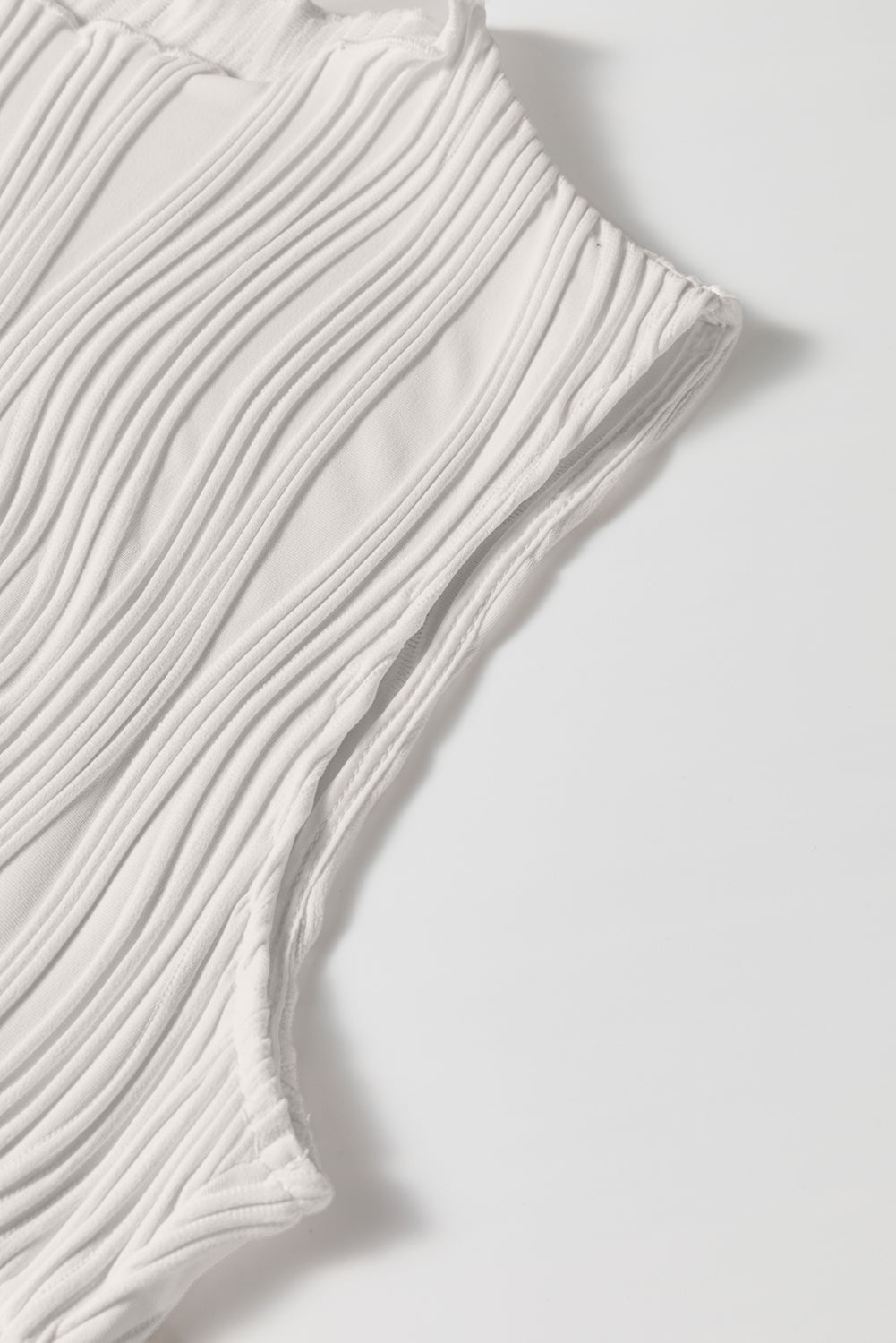 White Solid Colour Wavy Textured Round Neck Sleeveless Top - eAura
