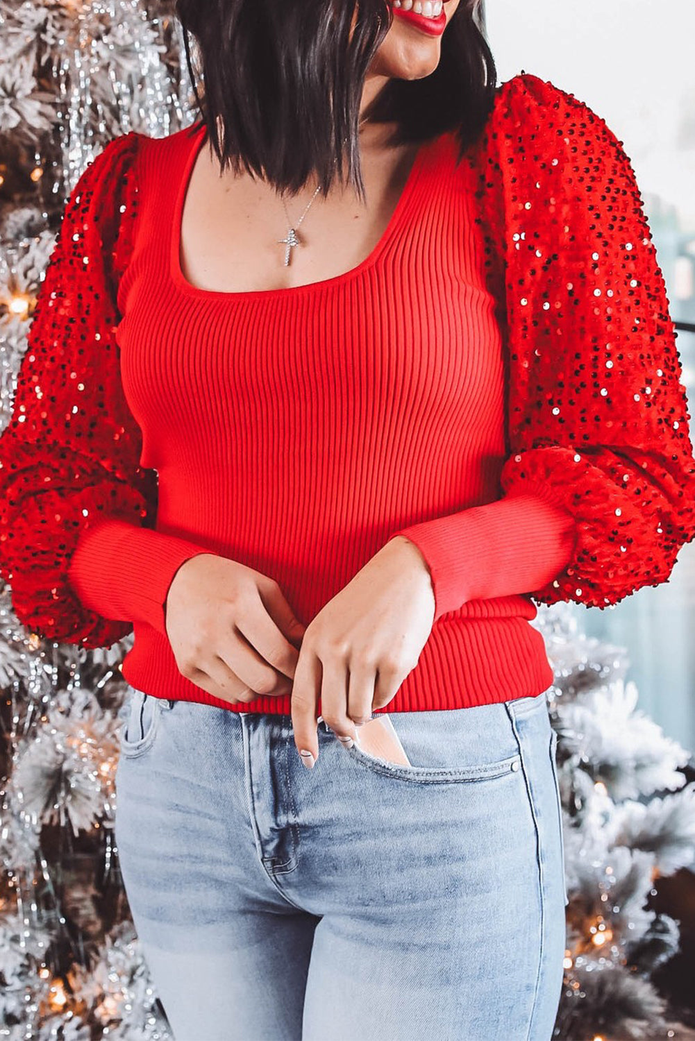 Sequin Sleeve Patchwork Rib Knit Square Neck Holiday Sweater - eAura