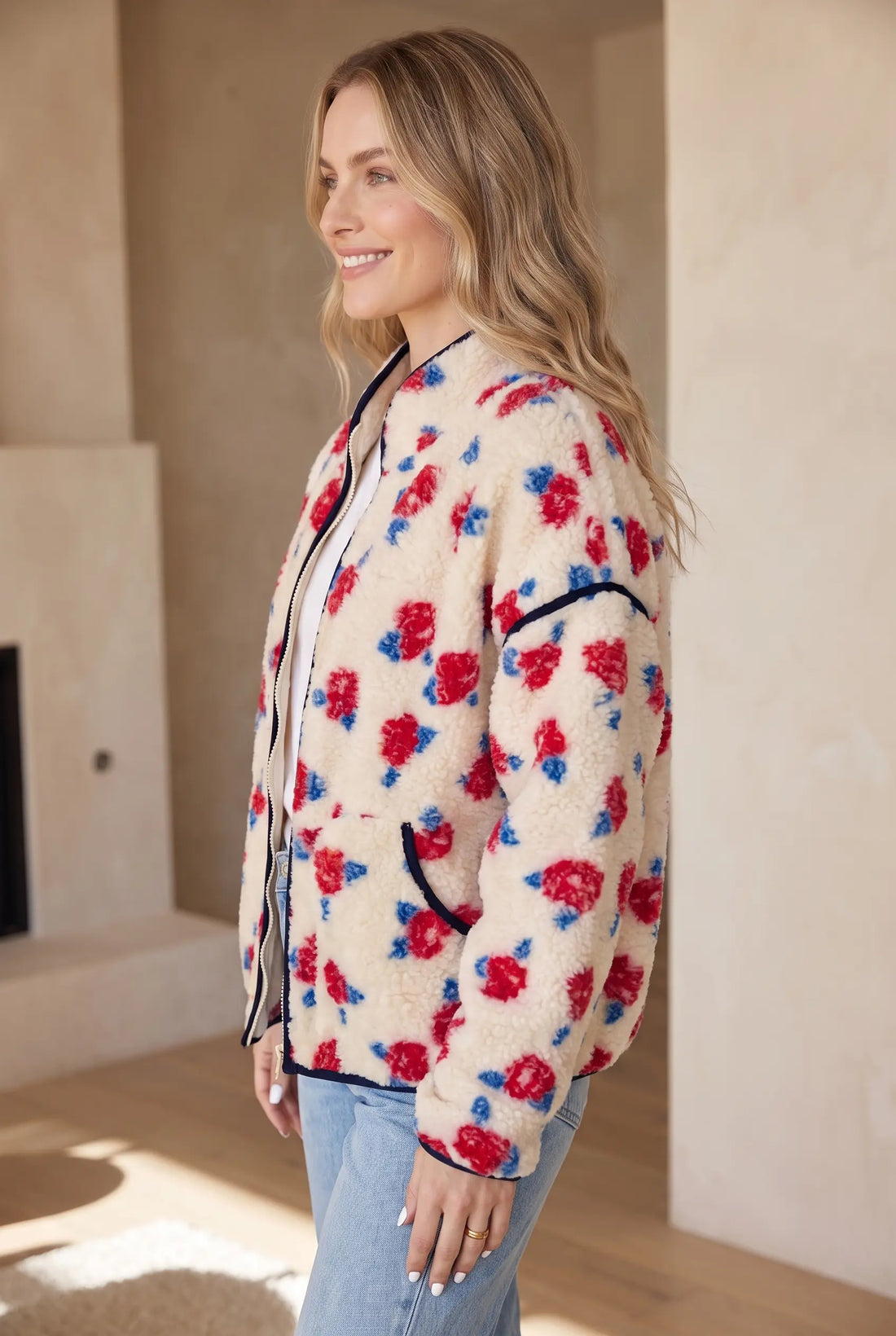 Floral Print Zipper Stand Neck Outerwear Fleece Coat