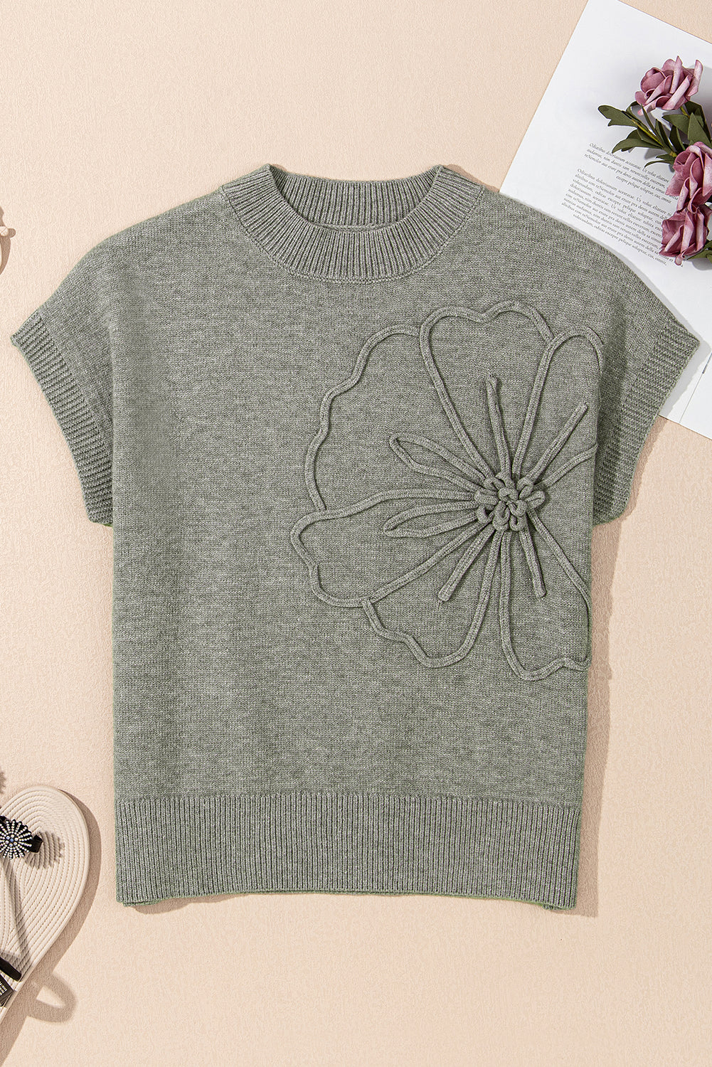 High Flower Pattern Ribbed Trim Short Sleeve Boxy Sweater eAura